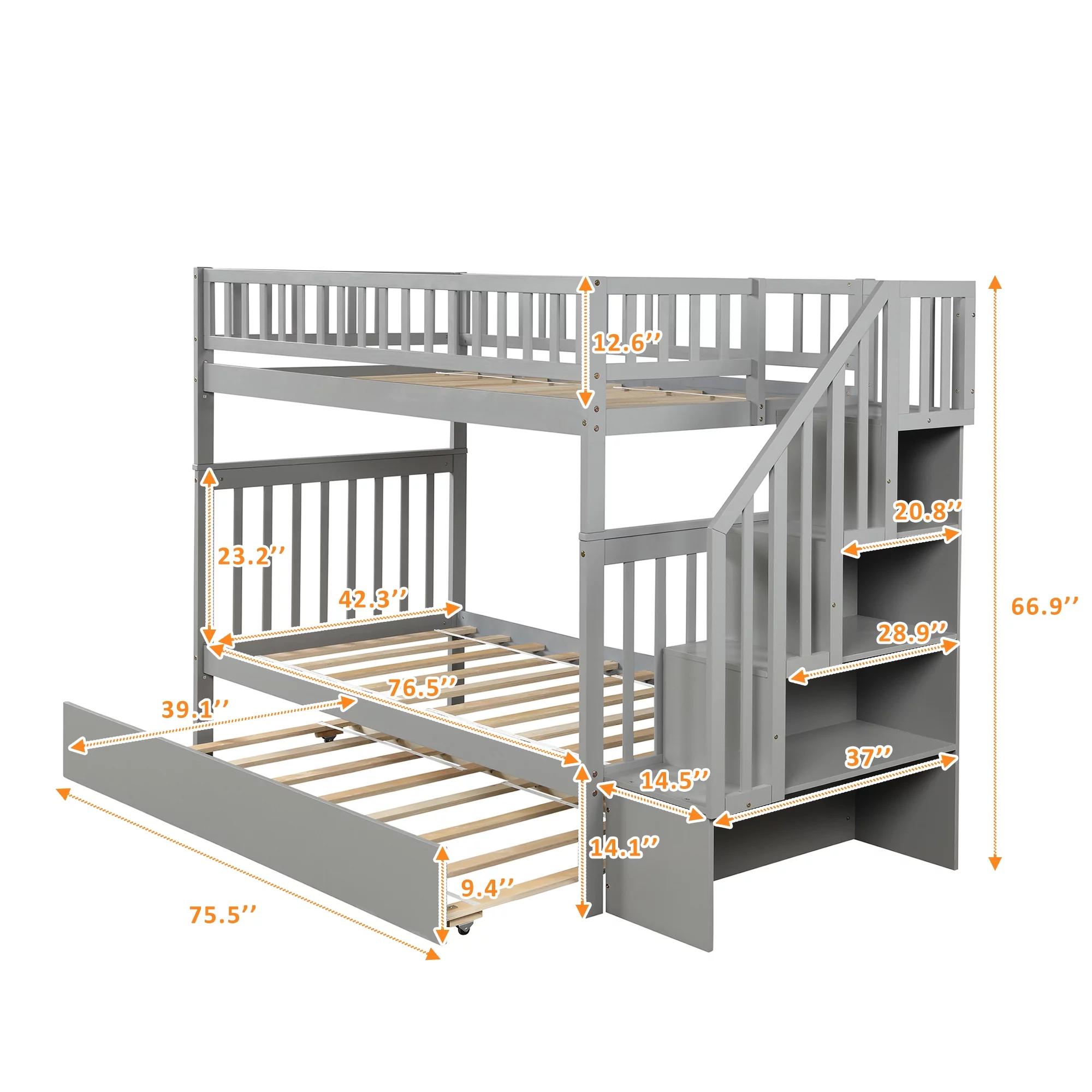 CHURANTY Solid Wood Bunk Bed Frame with Trundle,Twin Over Twin Loft Bed With Storage Stairways and Guardrails for Kids and Teens