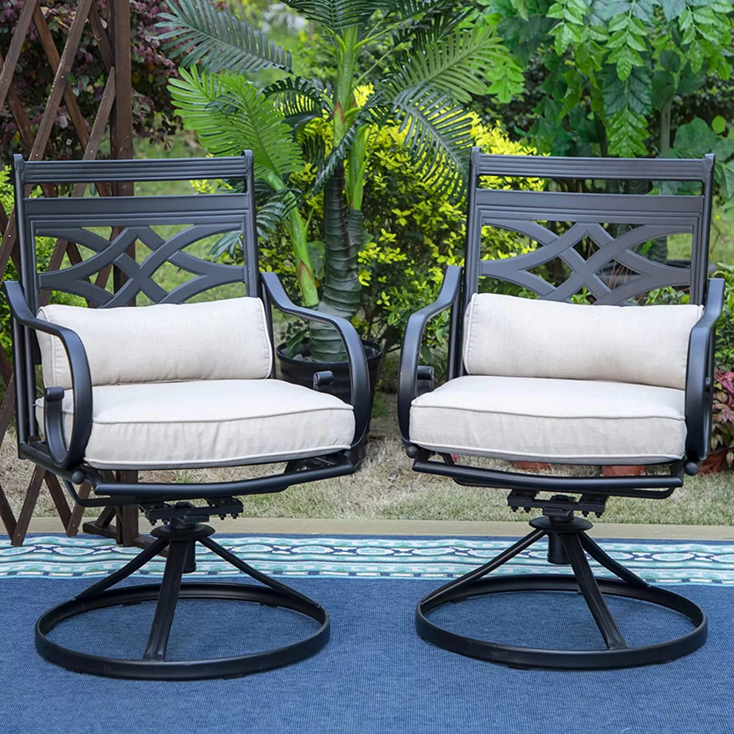 7 Pieces Heavy Duty Metal Patio Dining Sets with 6 Swivel Chairs (Cushion Included) and 1 Rectangular Metal Table with Umbrella Hole  Outdoor Furniture for 6