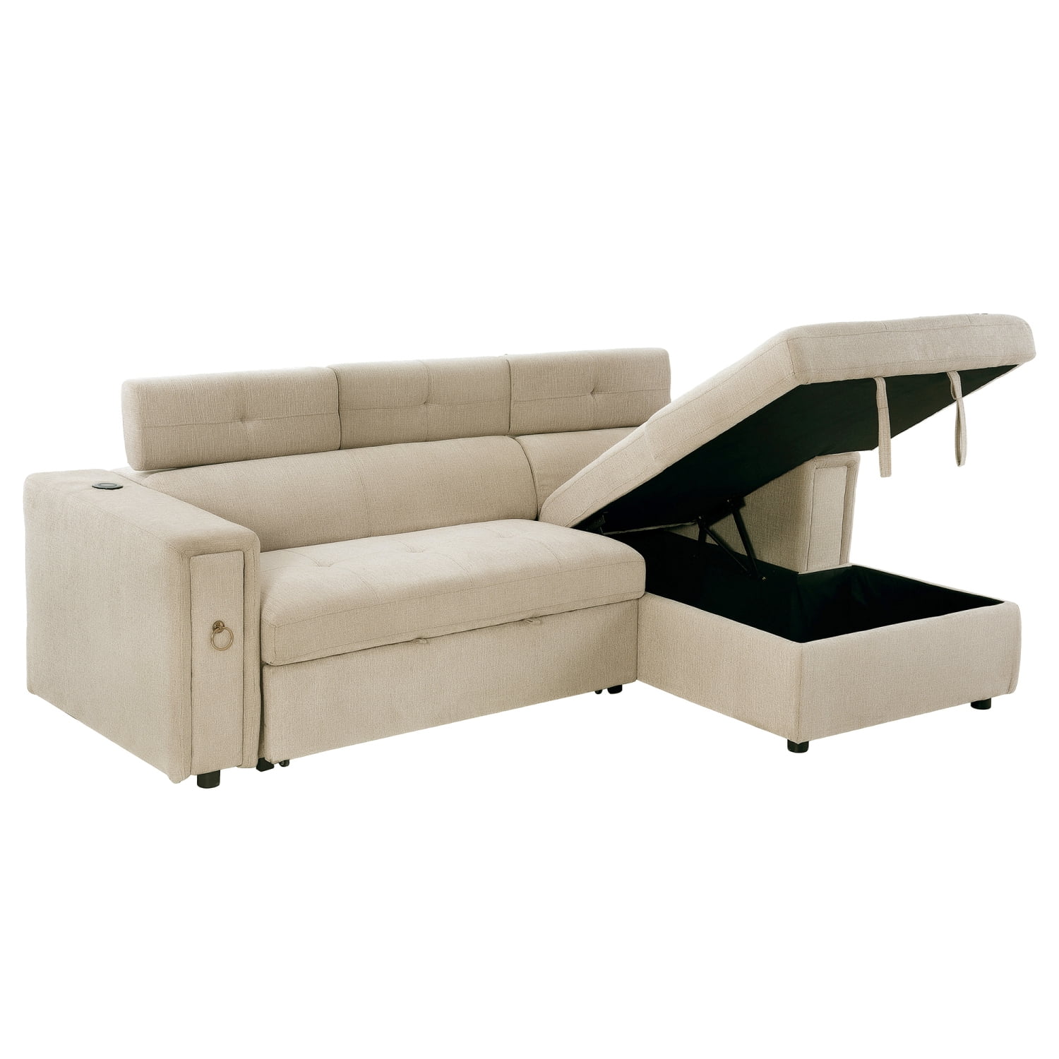 Churanty Pull Out Couch Bed with Storage and Cup Holder Sectional Sleeper Sofa with Wireless Charging L Shaped Couch with Adjustable Headrest Convertible Sofa Bed for Living Room,Beige