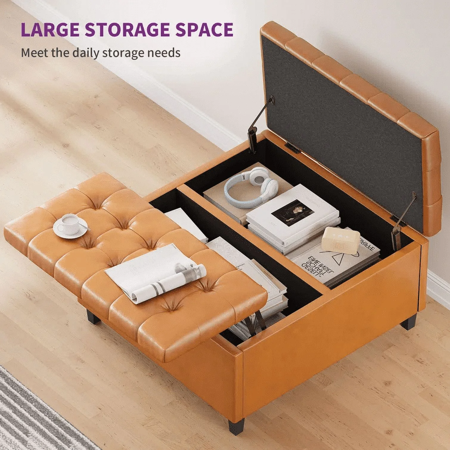 Dextrus 16.14''H Coffee Table Square Storage Ottoman, Brown Faux Leather