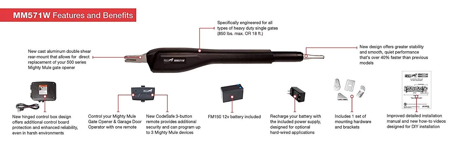 Mighty Mule MM571W Single Swing Smart Gate Opener Kit
