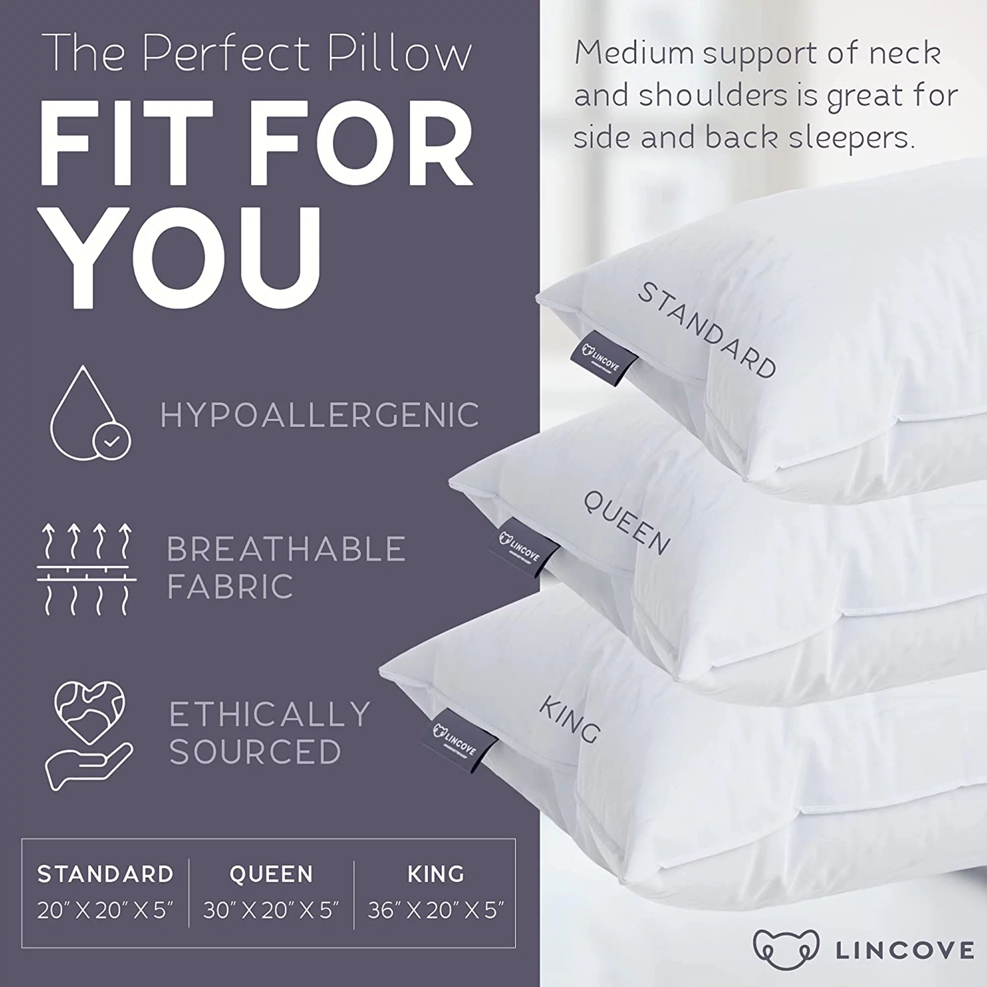 Lincove Canadian Resort Hypoallergenic Bed Pillow for Back and Side Sleepers Hotel Quality Pillows, King 2-Pack