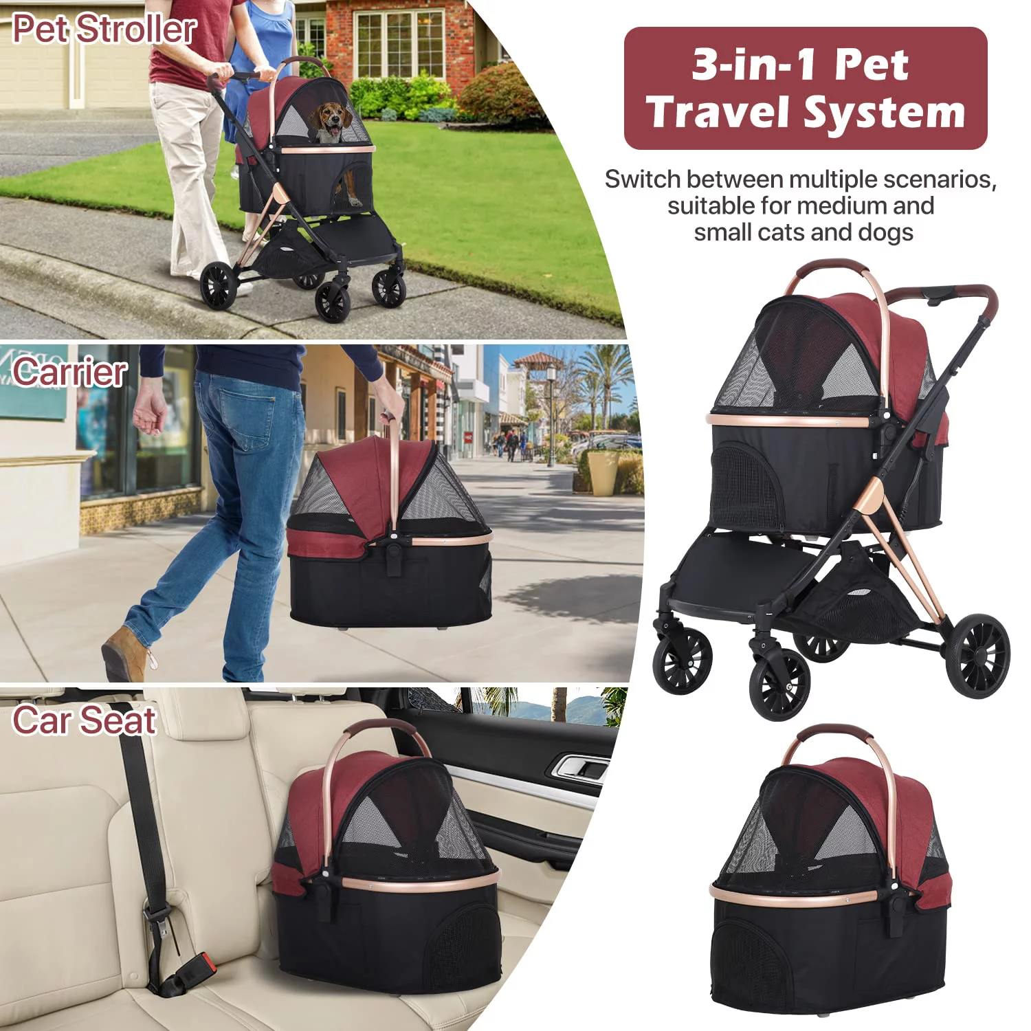 NiamVelo 3-in-1 Dog Cat Stroller for Small Medium Dogs, Premium Foldable Travel Pet Gear Stroller with Detachable Carrier 4 Wheel Wagons, Wine