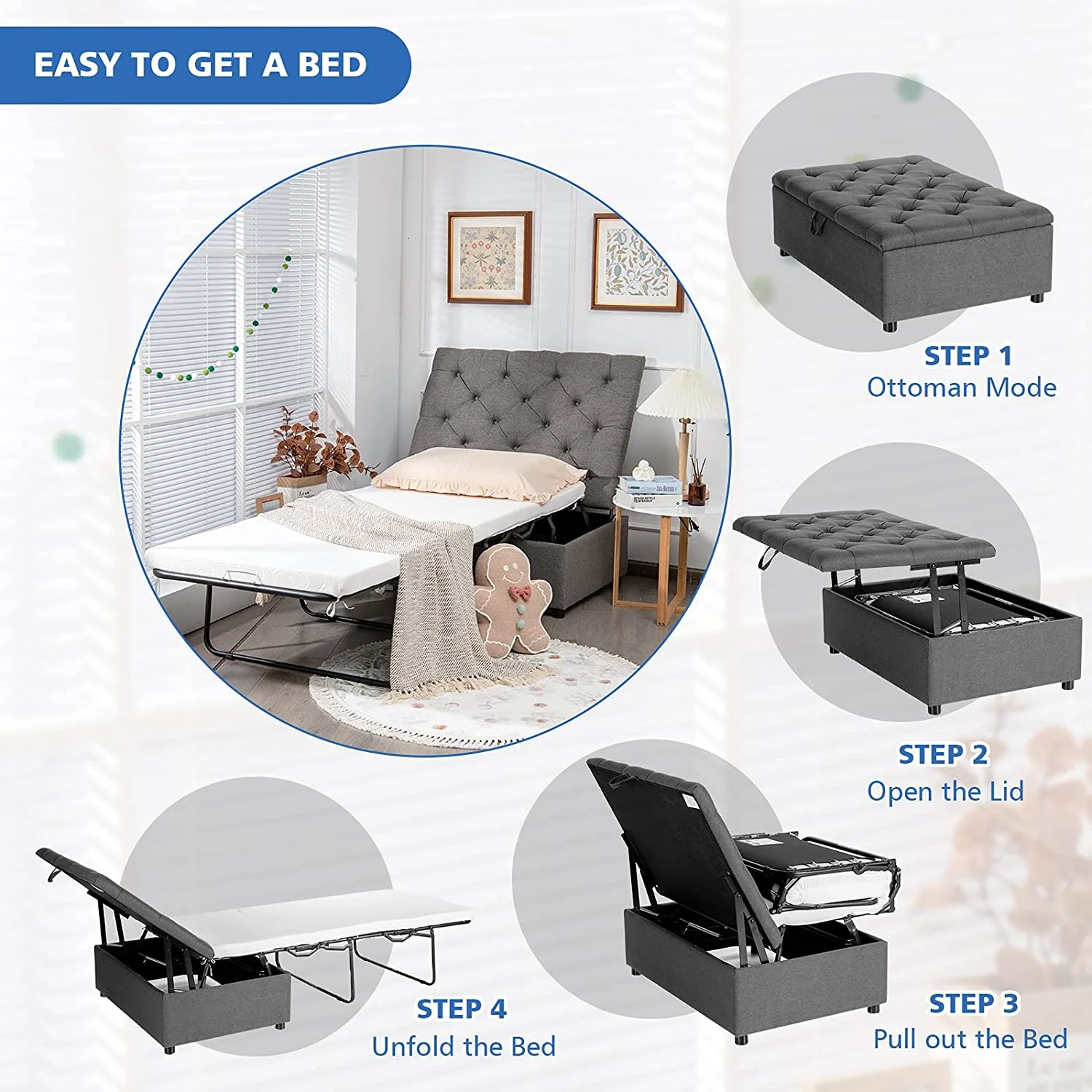 Ottoman Folding Bed, Fold Out Sleeper Bed with Mattress, Convertible Chair into Sofa Bed, Couch Sleeper w/Steel Frame, Dual Use Guest Bed Lounge Bed, Living Room Bedroom Office (Grey)