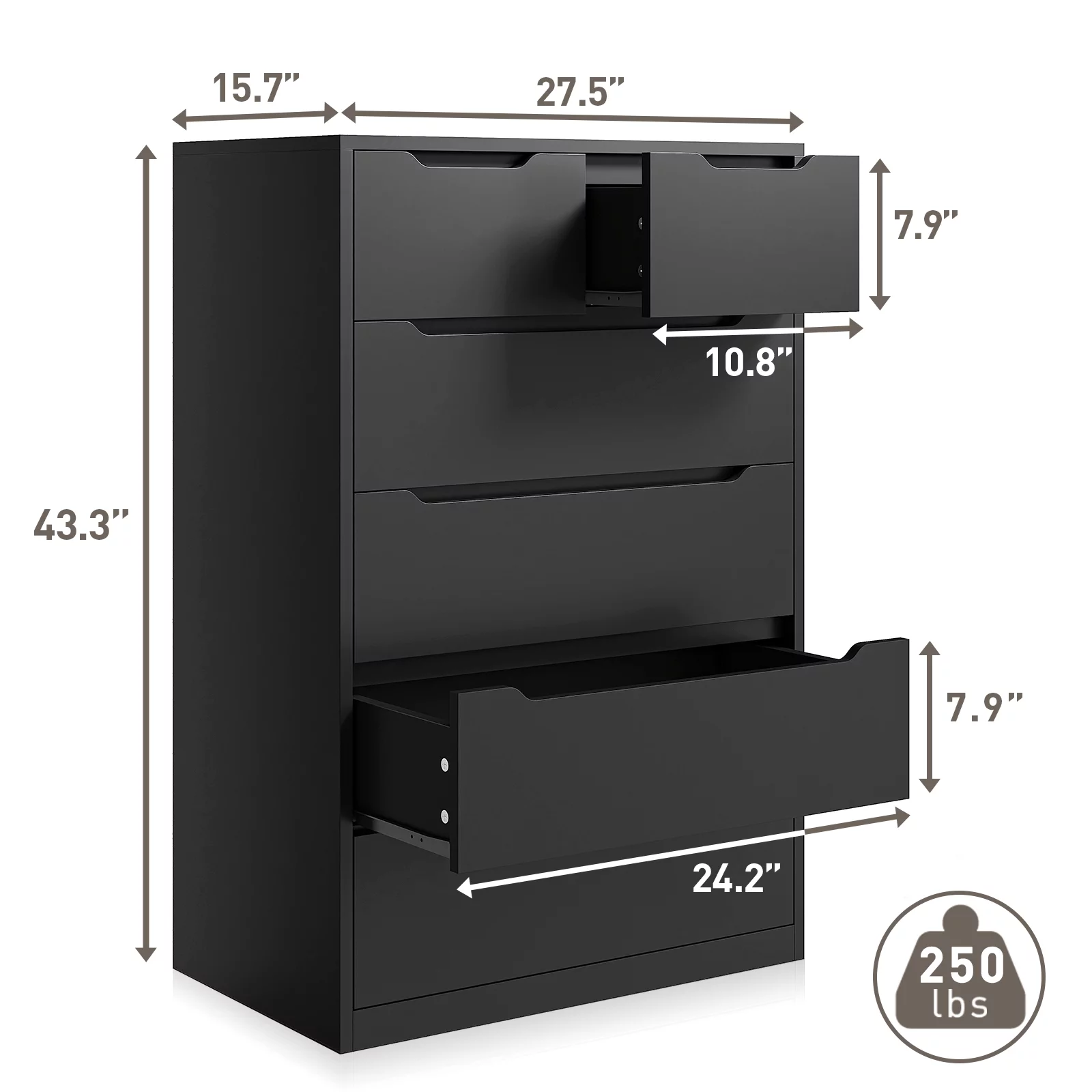 EnHomee Black Tall Dresser Wood 6 Drawer Dressers for Bedroom Wood Chest of Drawers with Smooth Metal Rail Large Dresser Modern Storage Cabinet for Home Office Living Room, 43.3