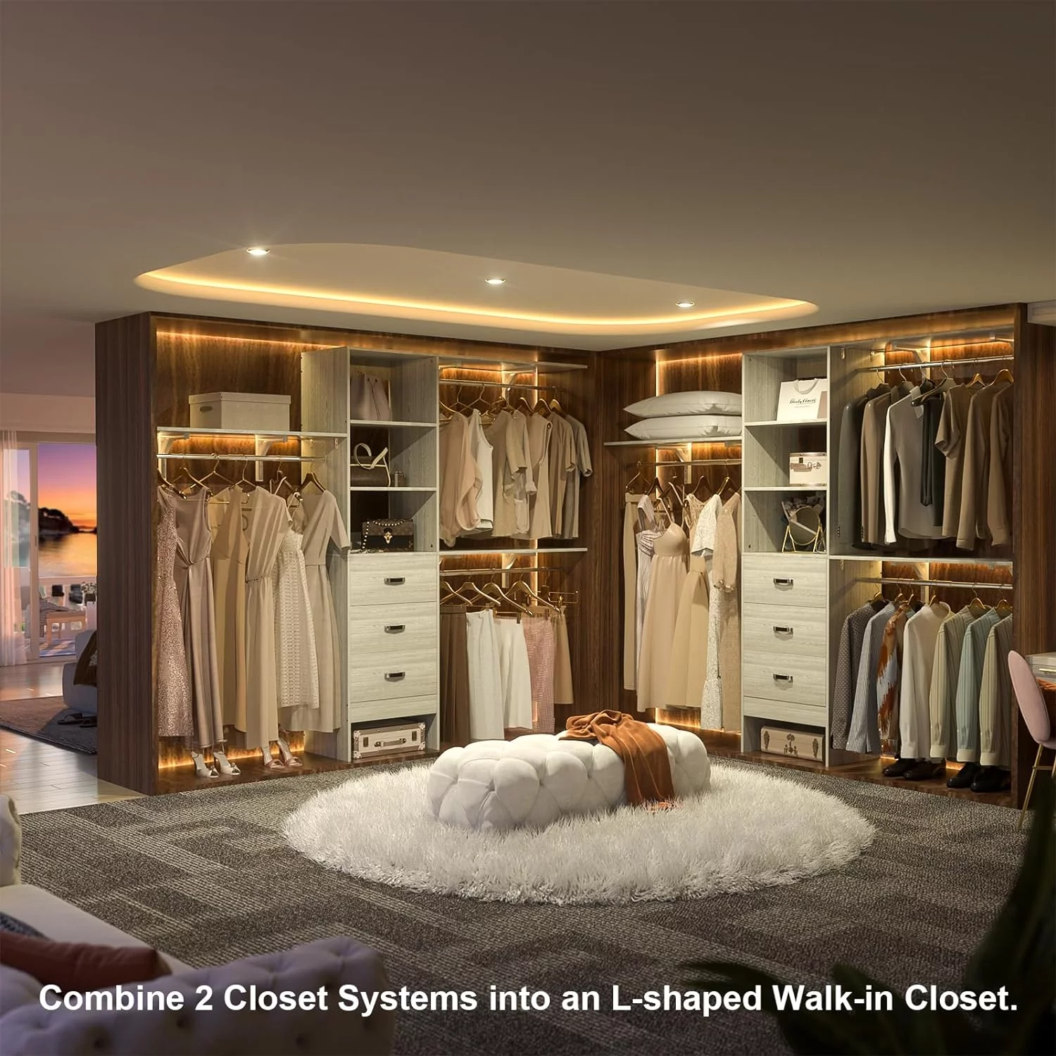 Homieasy 96 Inches Closet System, 8FT Walk In Closet Organizer with 3 Shelving Tower, Heavy Duty Clothes Rack with 3 Drawers, Built-In Garment Rack, 96
