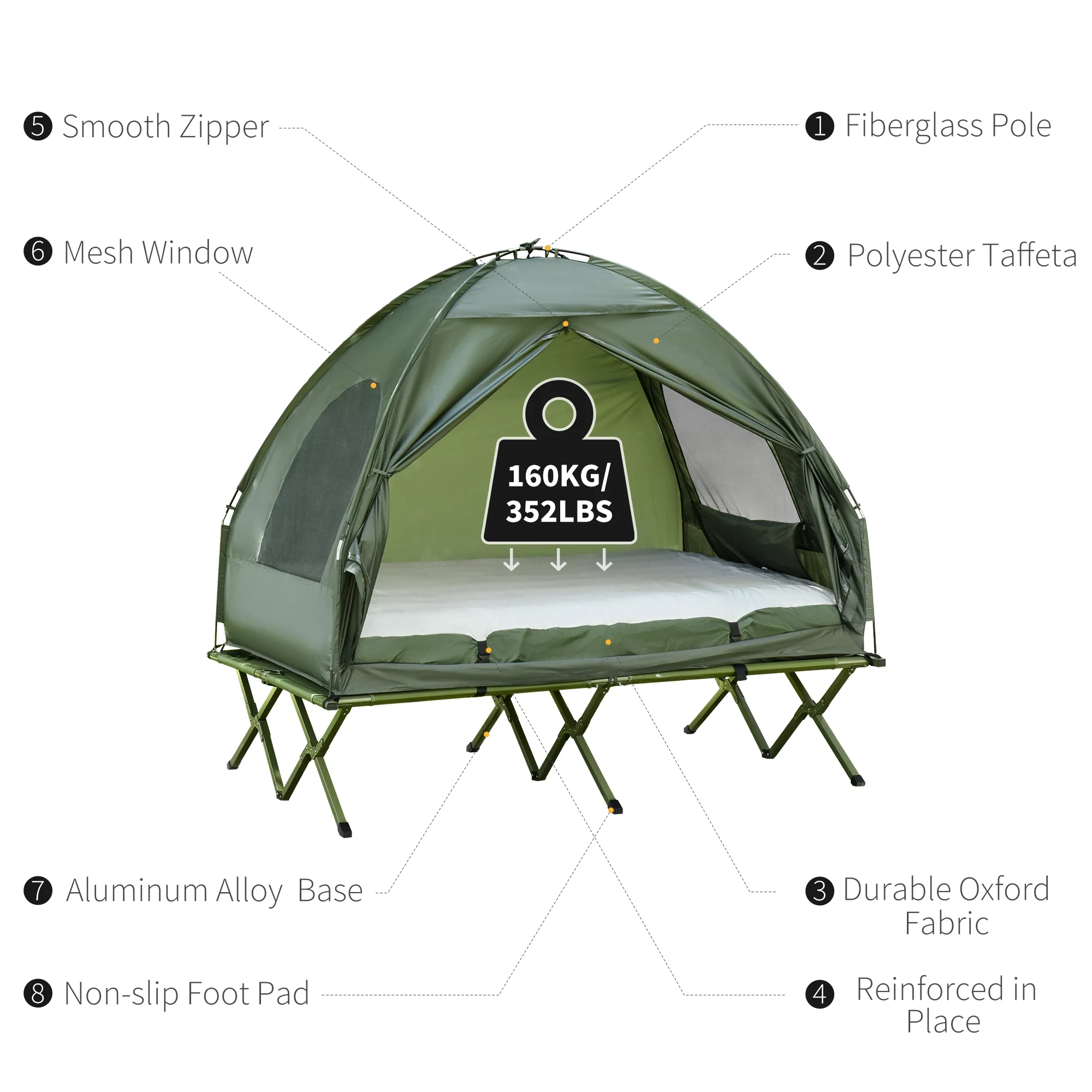 Outsunny 2 Person Foldable Camping Cot with Tent, Bedspread, Air Mattress