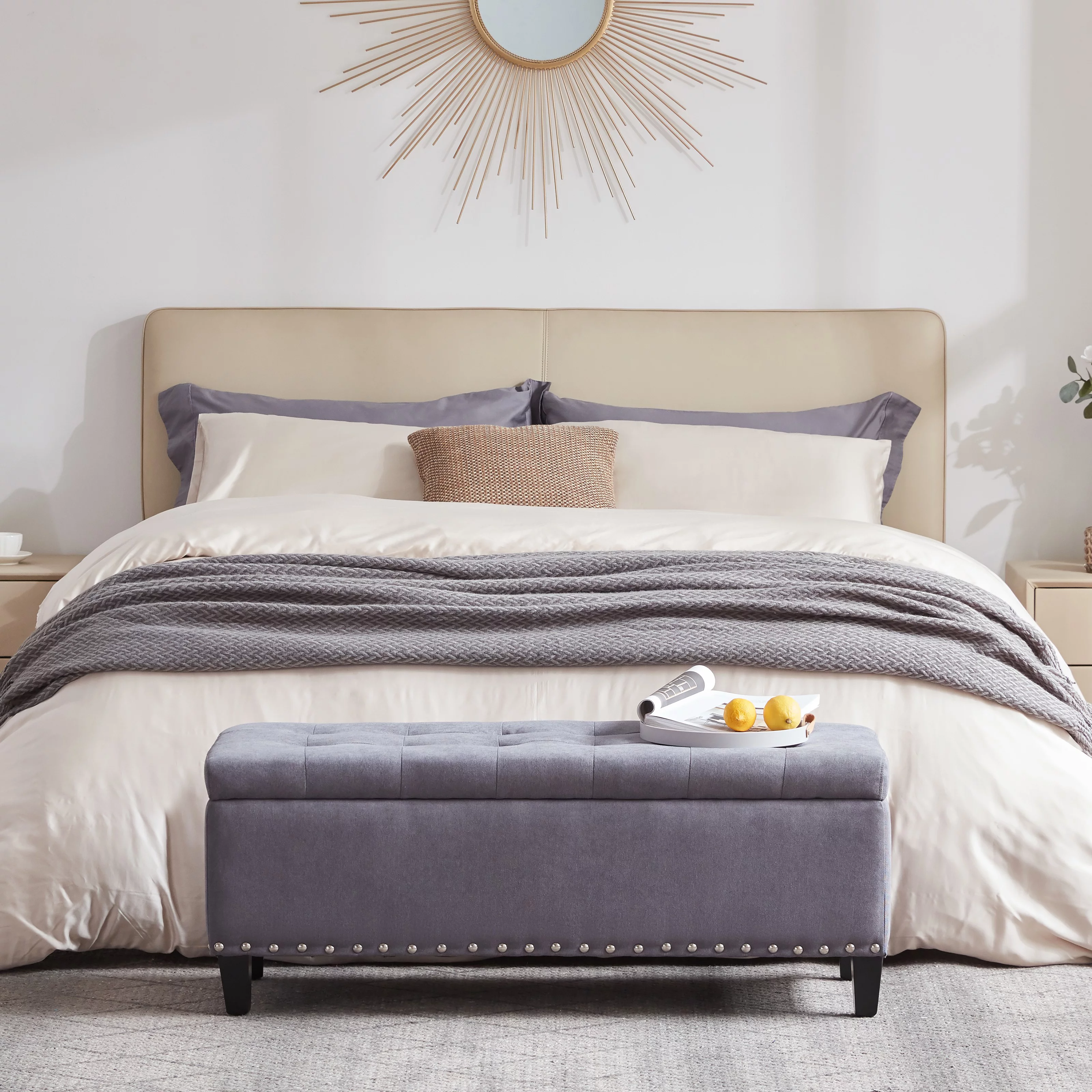HUIMO Large Storage Ottoman, 41-inch Button-Tufted Upholstered Ottoman with Safety Hinge, End of Bed Storage Bench for Entryway, Living Room (Grey)