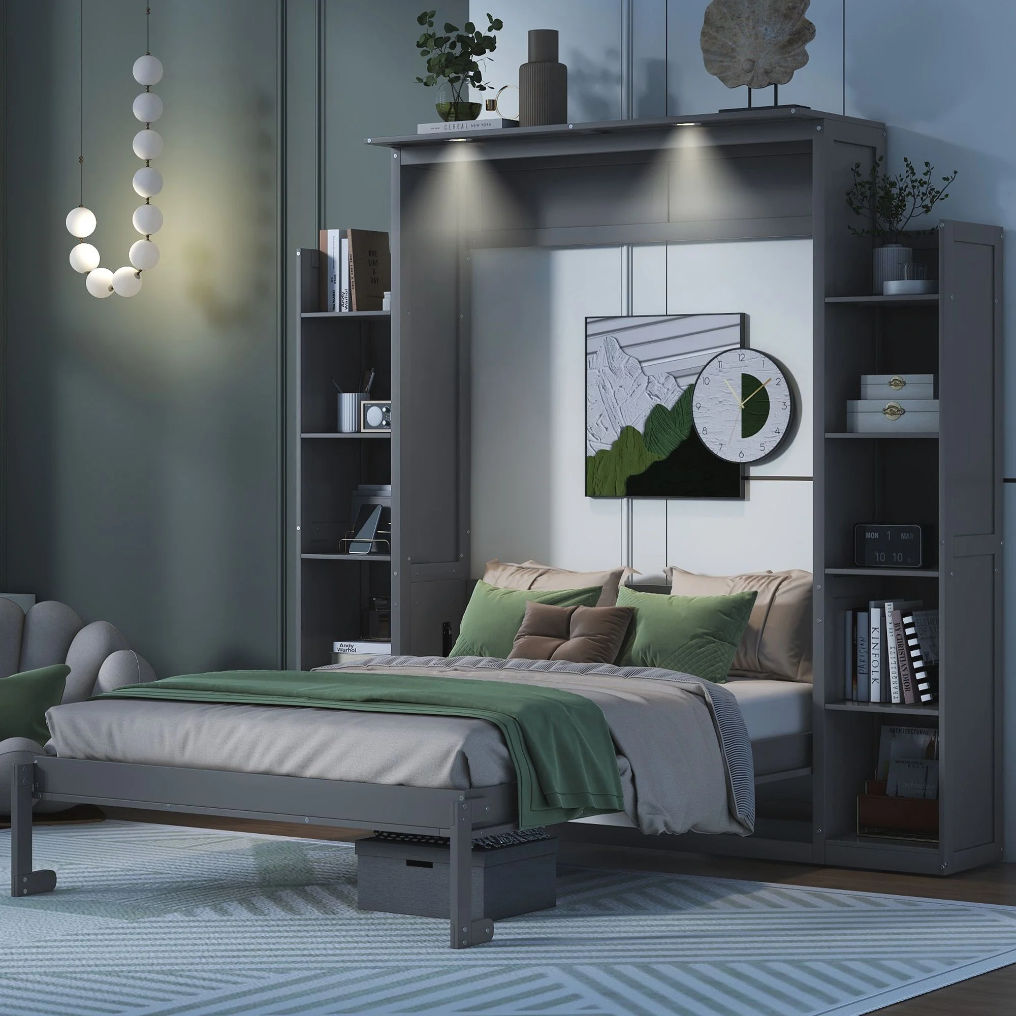 Practical Design Solid Wood Bed Frame Murphy Bed Wall Bed with Shelves and LED Lights, Platform Bed Frame, Mid Century Bedframe, Wood Foundation(Gray, Full)