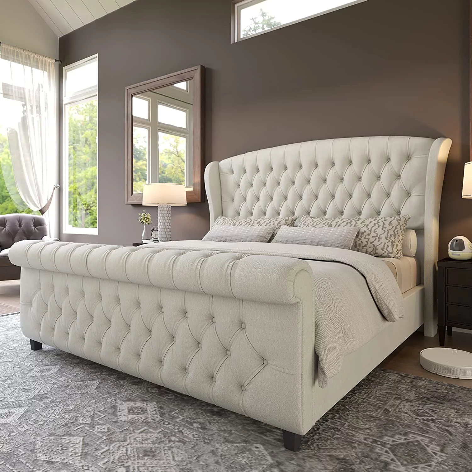 AMERLIFE King Size Platform Bed Frame, Chenille Upholstered Sleigh Bed with Scroll Wingback Headboard & Footboard/Button Tufted/No Box Spring Required/Cream