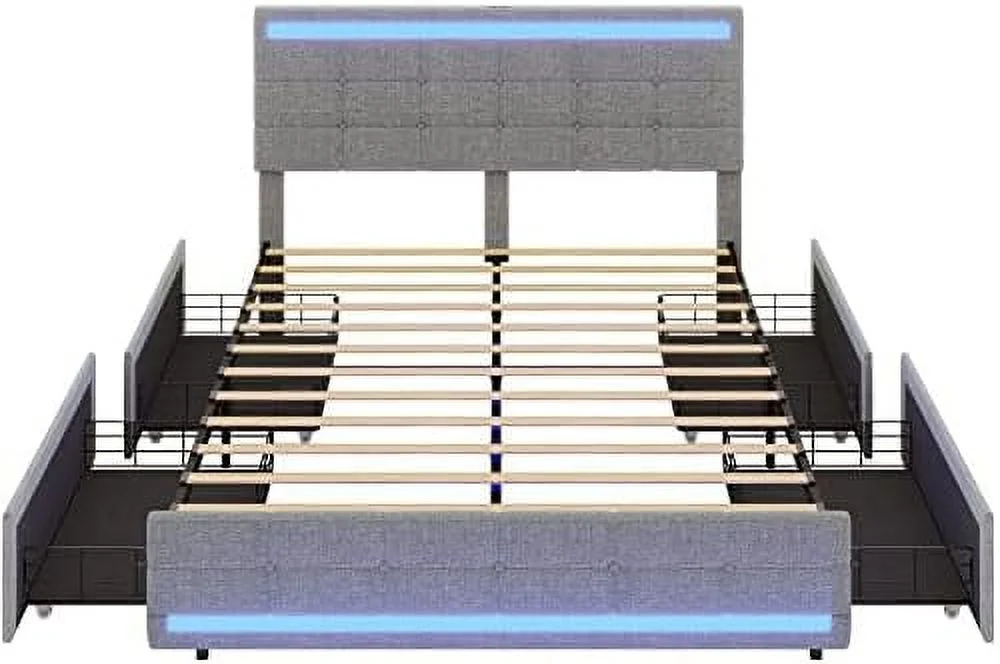 GEROBOOM Full Size Bed Frame with  Drawers  LED Lights Headboard Footboard  Upholstered Leather Platform LED Bed Frame with 2 USB Potrs  No Box Spring Needed  Black