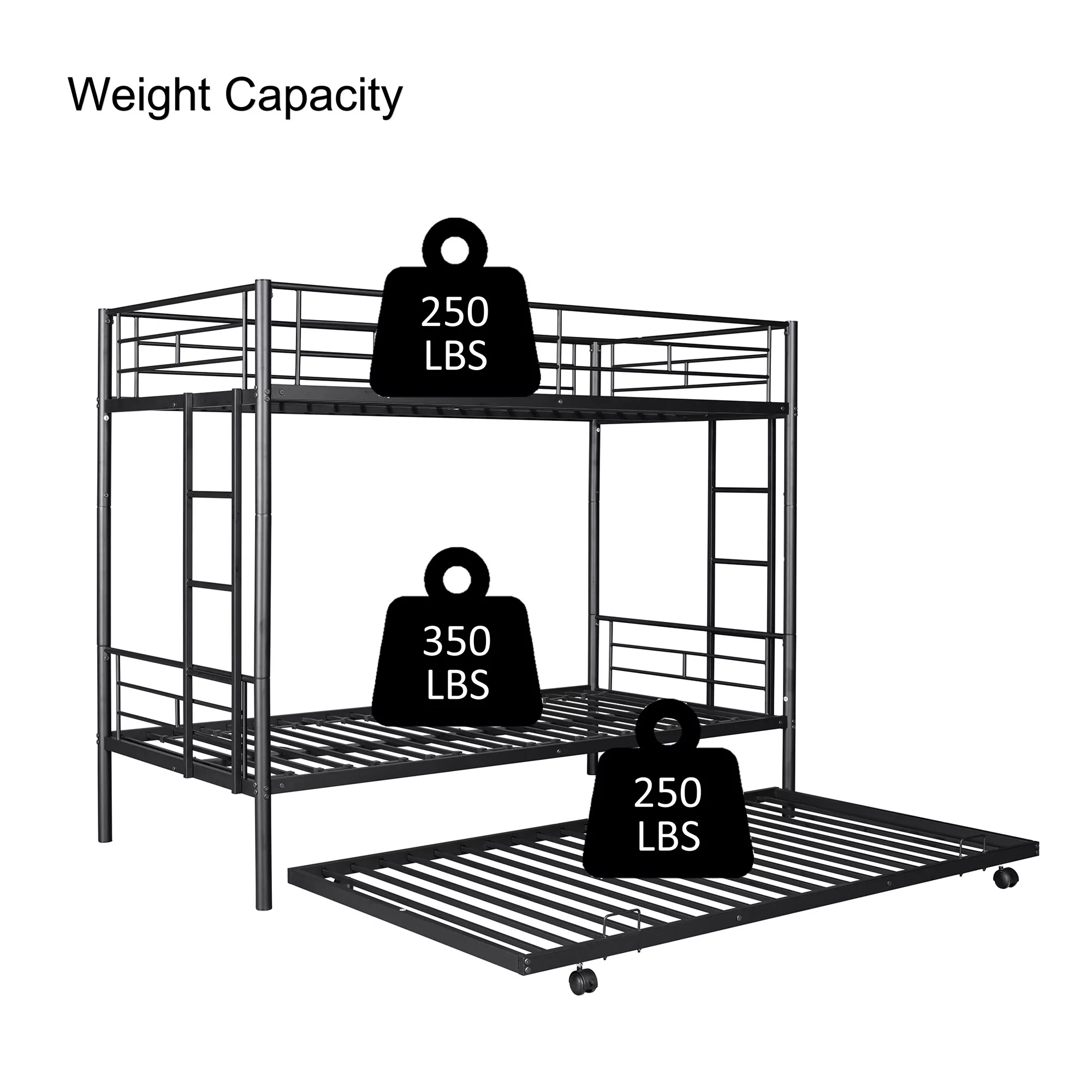 GNIXUU Metal Twin over Twin Bunk Beds with Trundle Bed for Kids Bedroom, Metal Twin Bunk Bed Frame with Safety Guardrail & 2 Ladders, Black
