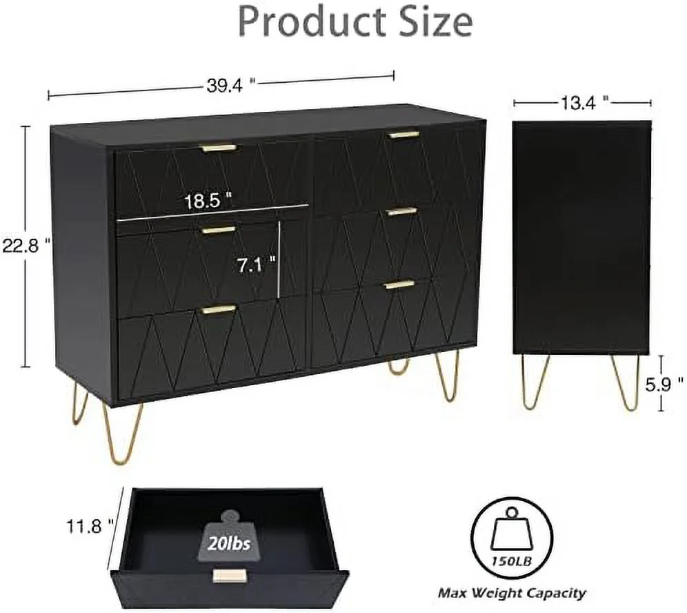 Black 6 Drawer Dresser for Bedroom Large Double Dresser with Wide Drawers and Gold Handles Chest of Drawers