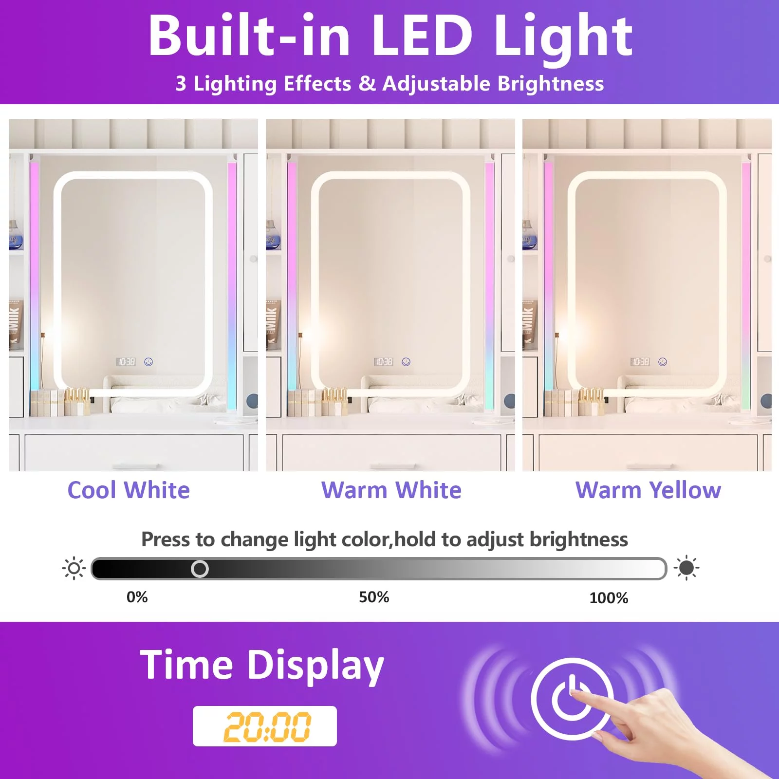 VEANERWOOD White Vanity Desk with Mirror and Lights, Makeup Vanity with RGB Lights and Power Strip, Makeup Desk Vanity Table with 5 Drawers Lots Storage & Time Display,41.3in(L)