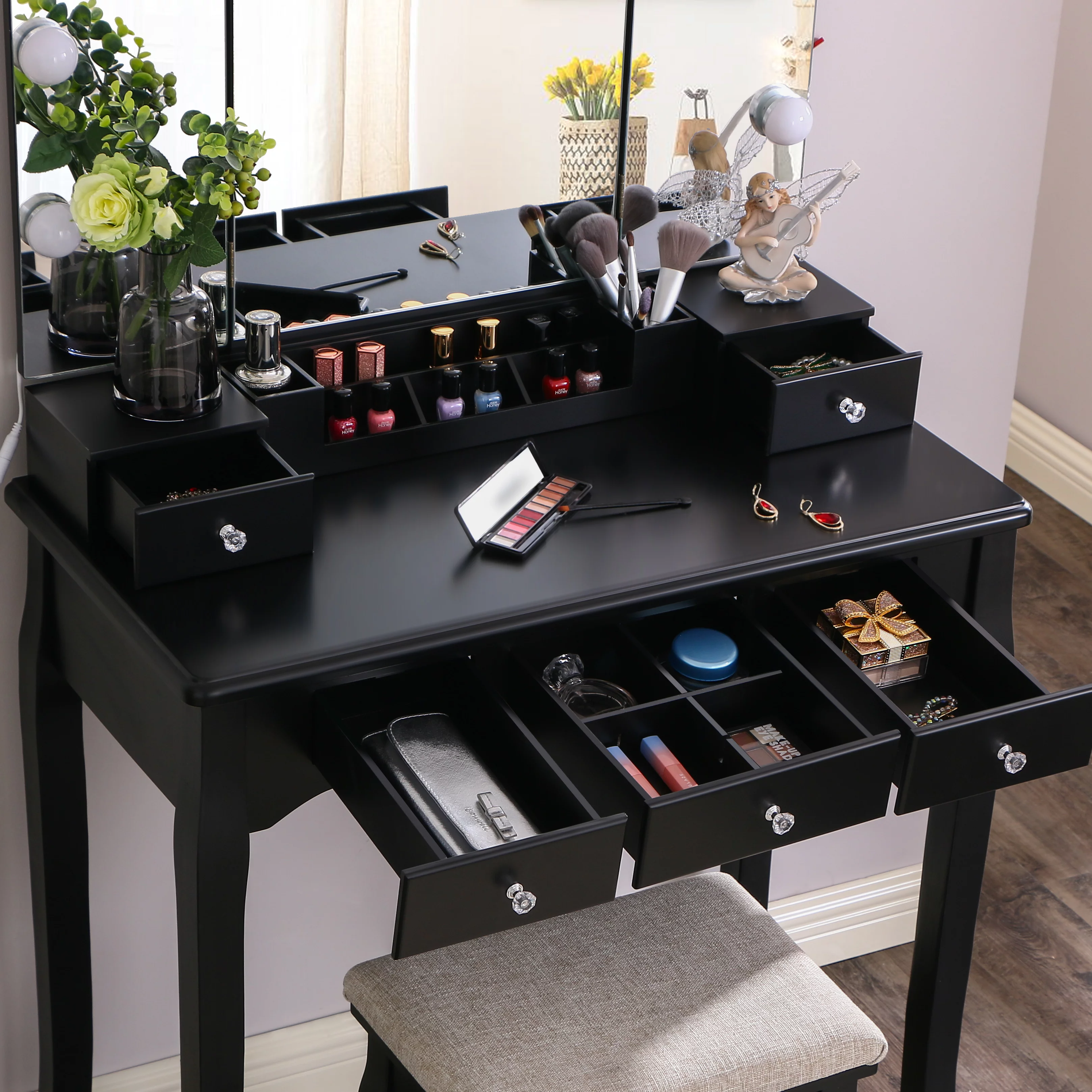 BEWISHOME Vanity Set with Lighted Mirror, Makeup Vanity with Tri-Folding Mirror 10 LED Bulbs, Black Vanity Desk Vanity Table with 5 Drawers 2 DIY Dividers, Cushioned Stool, Movable Organizer FST09H