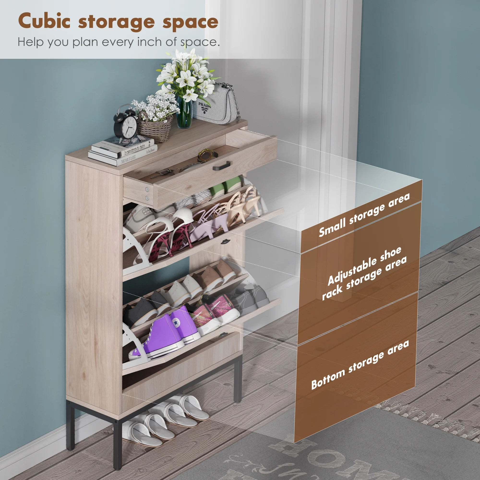 Brafab Shoe Storage Cabinet with 2 Flip Drawers and Open Shelf Natural Rattan Slim Shoe Organizer Rack Wooden Tipping Shoe Dresser Narrow Entrance Shoes Console with Metal Legs for Entryway, Hallway