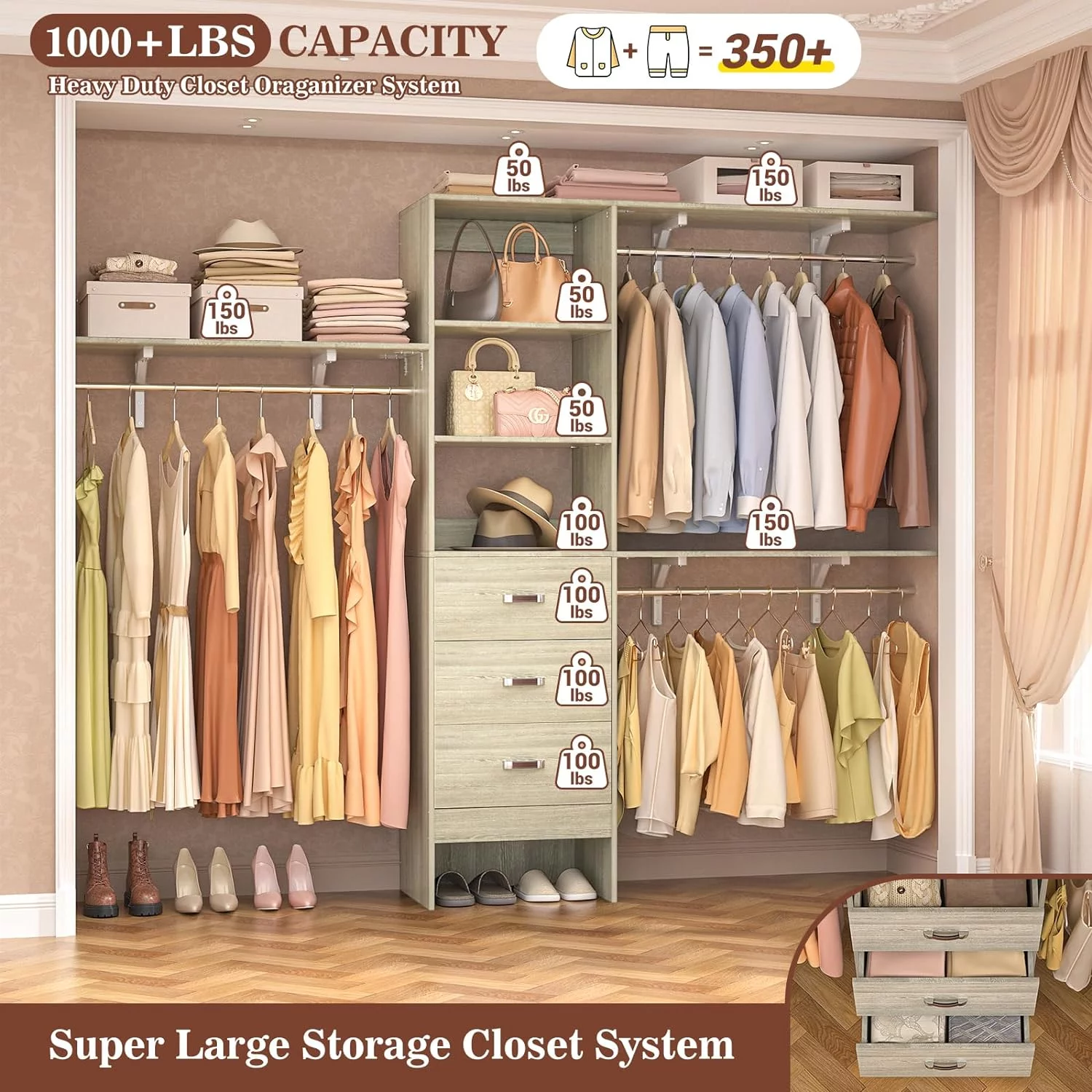 Homieasy 96 Inches Closet System, 8FT Walk In Closet Organizer with 3 Shelving Tower, Heavy Duty Clothes Rack with 3 Drawers, Built-In Garment Rack, 96