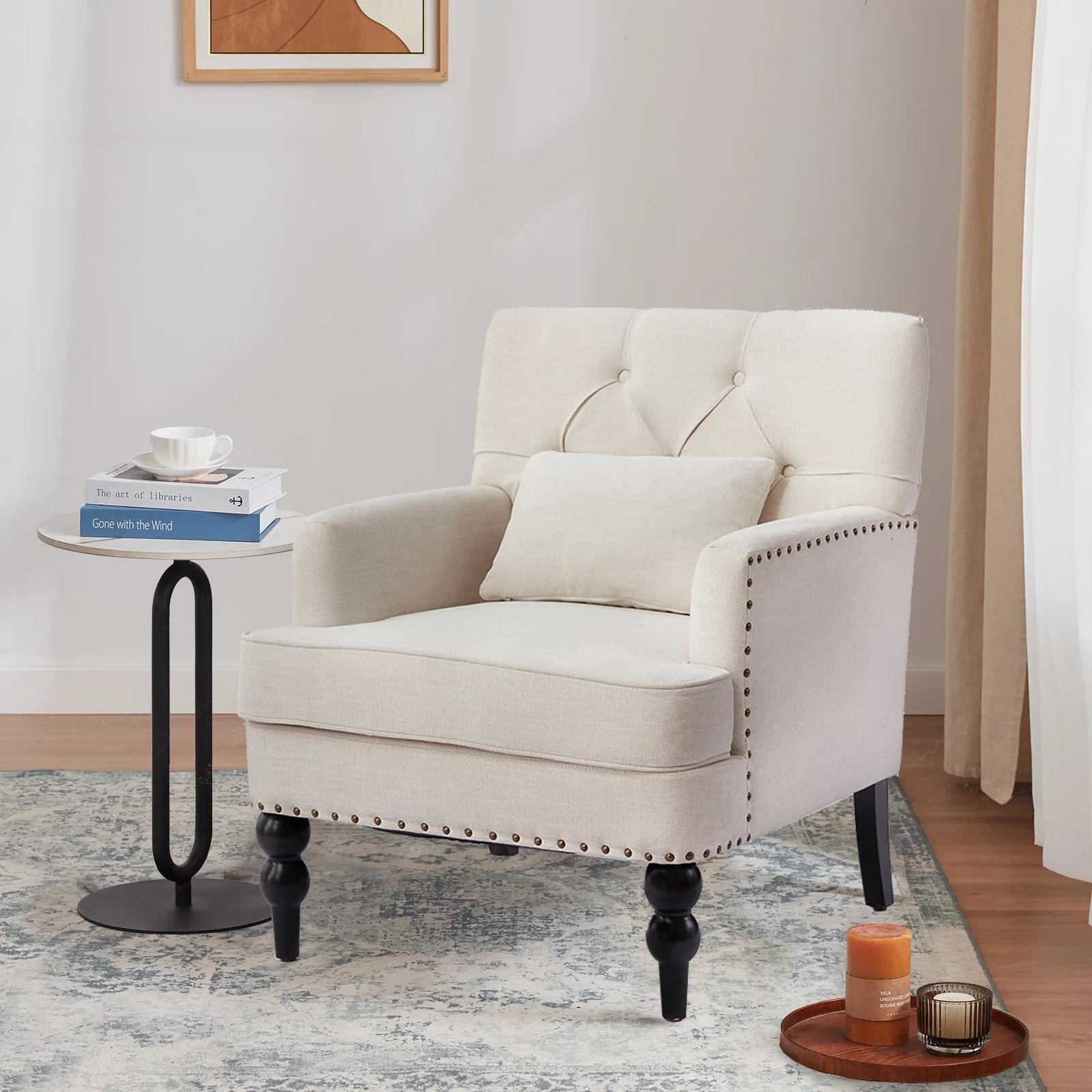 HUIMO Arm Chair with Ottoman,Upholstered Button Tufted Accent Chair,Linen Fabric Sofa Reading Chairs for Living Room, for Bedroom(Beige)