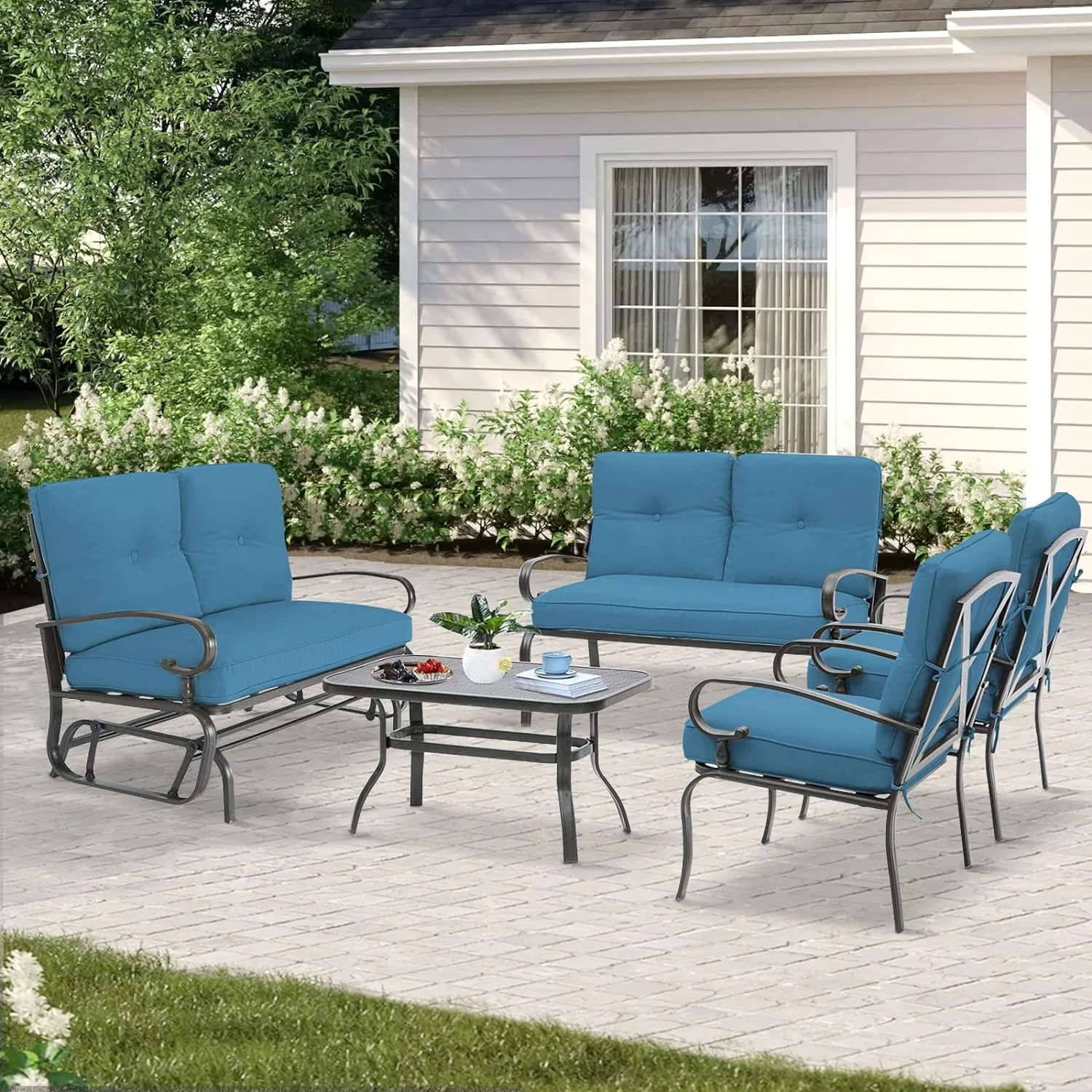 SOLAURA 5-Piece Outdoor Metal Furniture Set Patio Wrought Iron Conversation Set (Patio Swing Glider, 2 Patio Chairs, Loveseat with Coffee Table), Peacock Blue