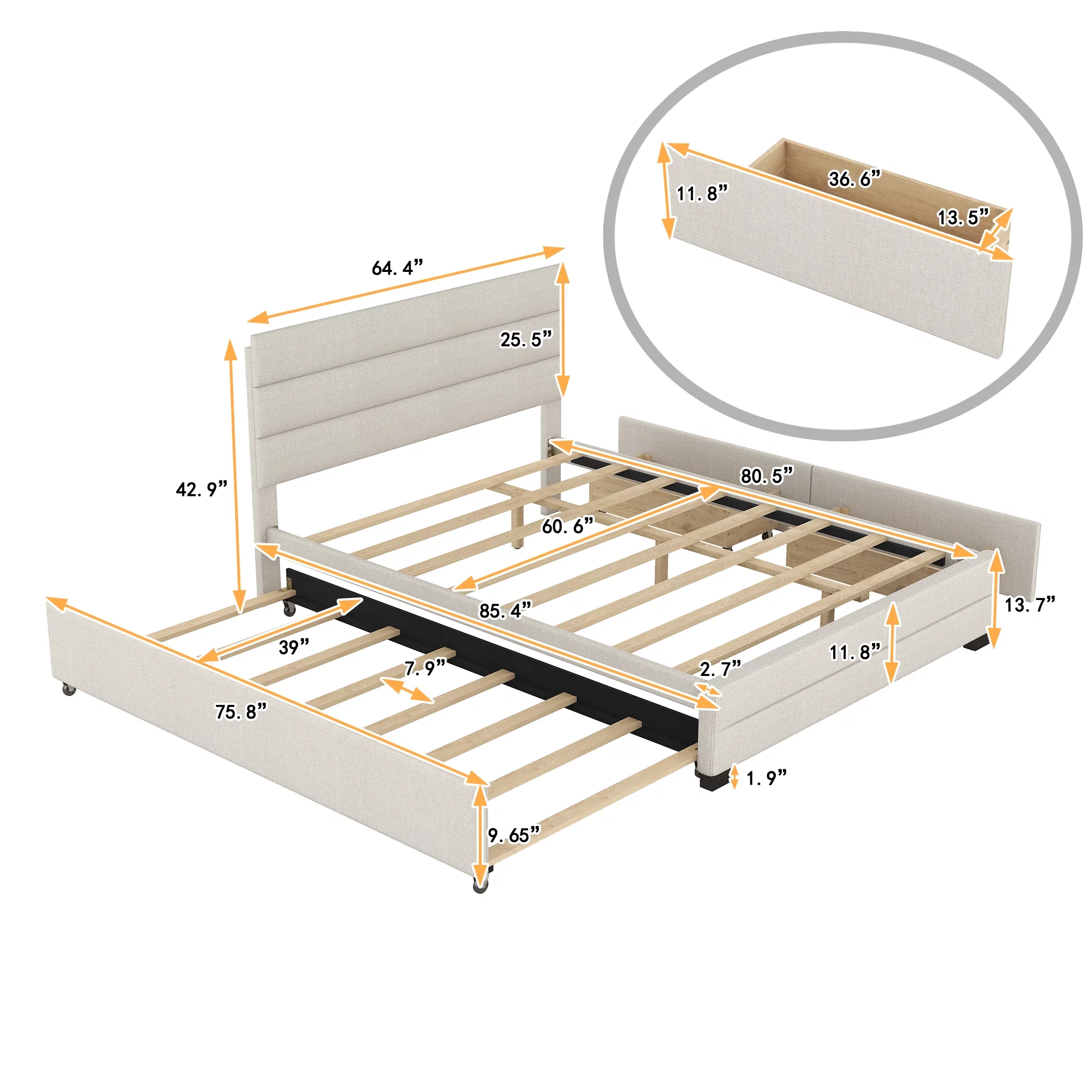 Royard Oaktree Queen Size Storage Bed Platform Bed Upholstered Queen Bed Frame with Headboard,2 Drawers and Trundle,Linen Fabric,No Box Spring Needed,Beige