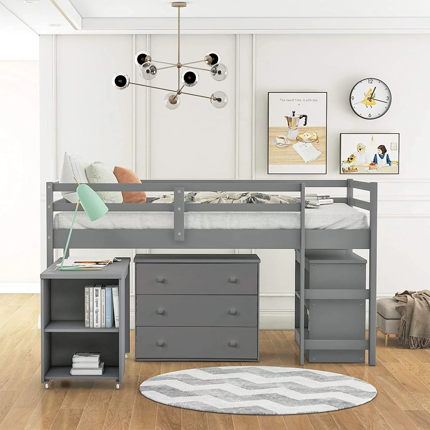 CHURANTY Solid Wood Twin Low Loft Bed with Desk and Storage Drawers Cabinet Rolling Portable Desk