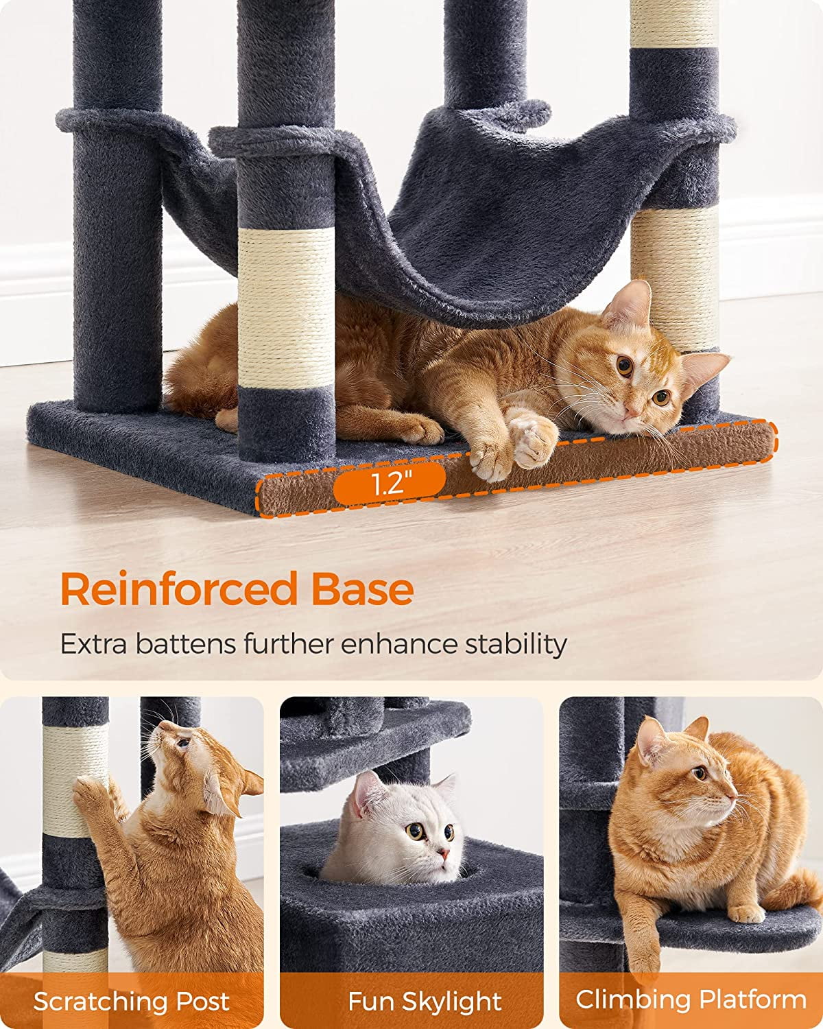 Feandrea Cat Tree, 61-Inch Cat Tower for Indoor Cats, Plush Multi-Level Cat Condo with 5 Scratching Posts, 2 Perches, 2 Caves, Hammock, 2 Pompoms, Light Gray UPCT192W01