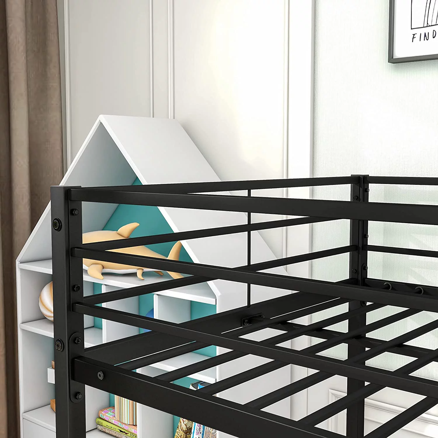Metal Bunk Bed Twin Over Twin  Bunk Bed Frame with Safety Guard Rails  Solid Bunk Bed with Trundle for Kids Adults(Black)