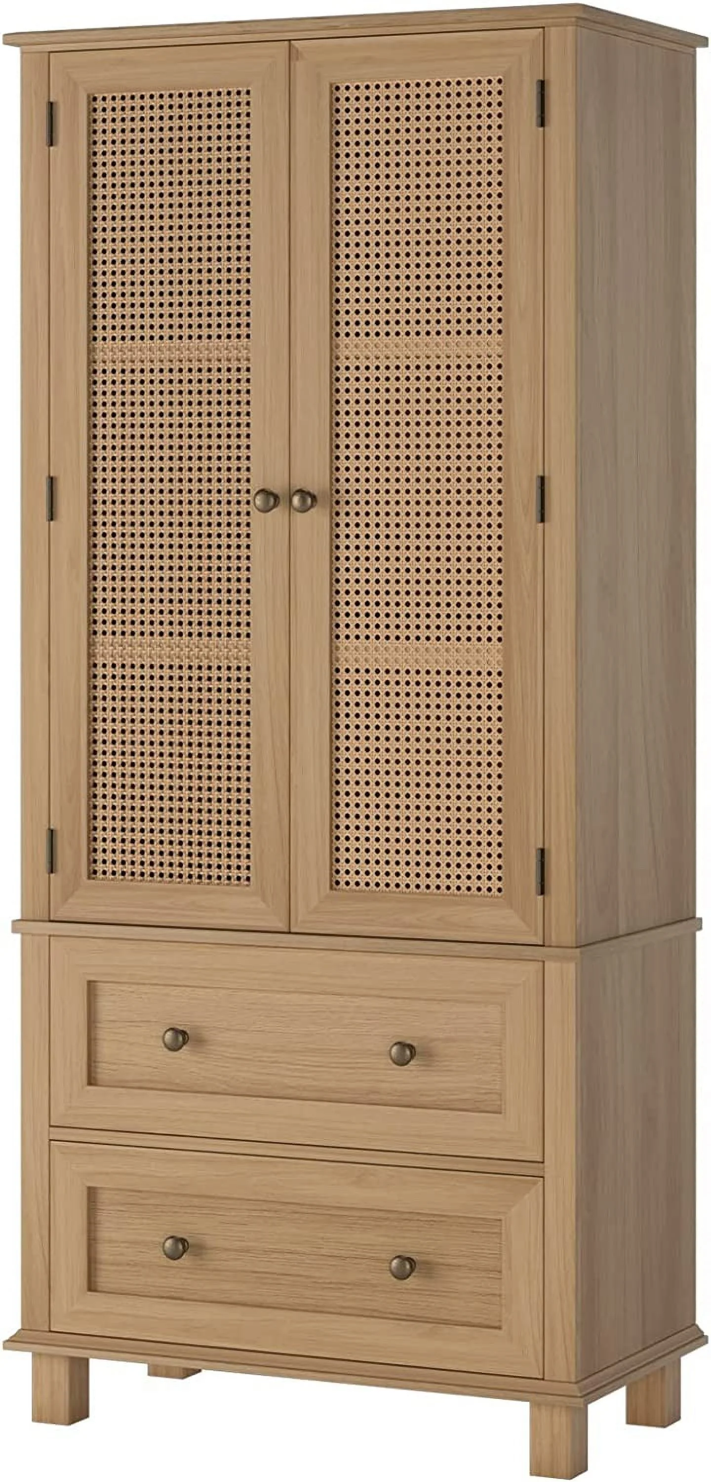 ONKER Kitchen Pantry Storage Cabinet, Tall Cabinet with Rattan Doors and 2 Drawers, Freestanding Cupboard with Adjustable Shelves, Utility Pantry for Kitchen, Dining Room,White