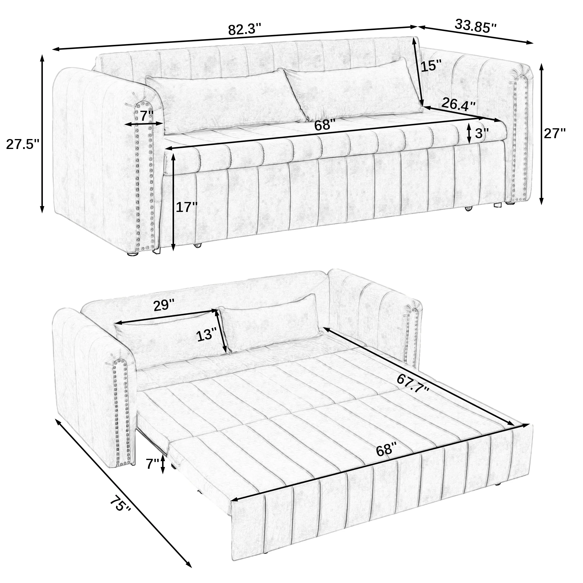 3-in-1 Convertible Sleeper Sofa Bed,Pull-Out Bed Sleeper with Rolled Arms Decorated with Copper Nails,Modern Upholstered 3 Seats Sofabed with Two Drawers and Two Pillows,Black