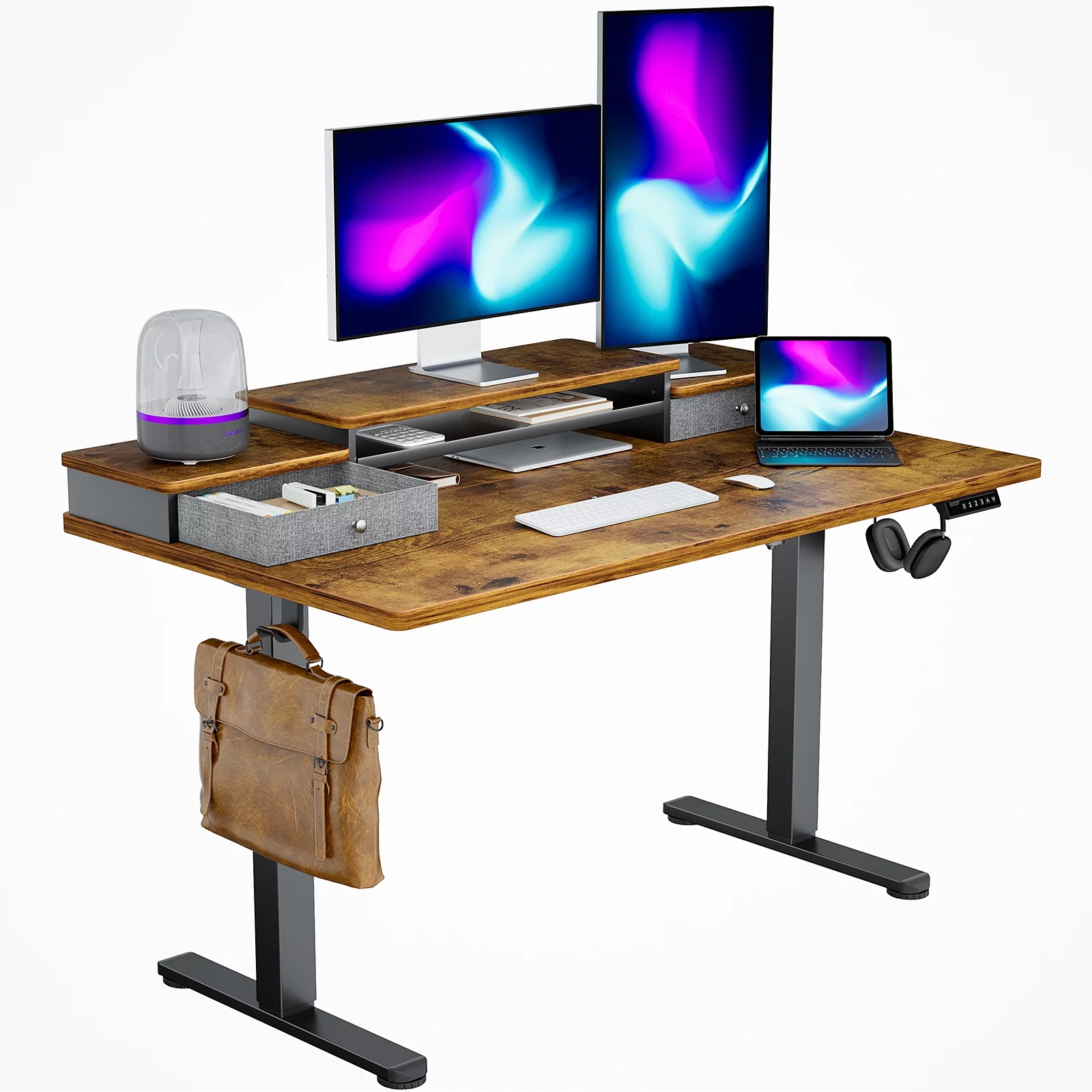 Adjustable Height Electric Standing Desk for 48x24 inch, Computer Stand Up Desk with Double Drawers, Home Office Desk Workstation with Storage Shelf, Vintage Brown