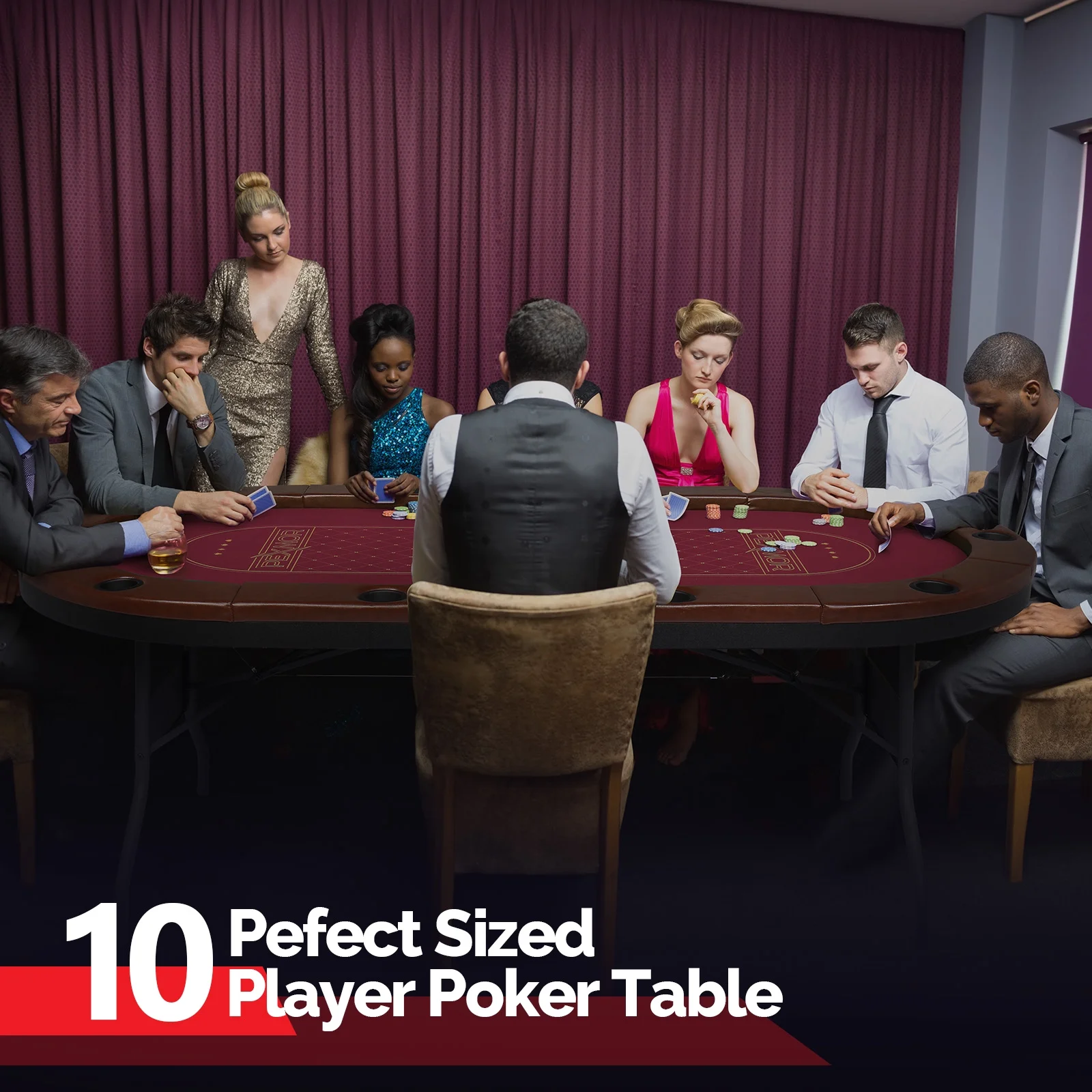PEXMOR Foldable 10 Player Poker Table, Folding Casino Table Texas Holdem Poker Table, Portable Blackjack Card Game Table w/Stainless Steel Cup Holders & Padded Rails