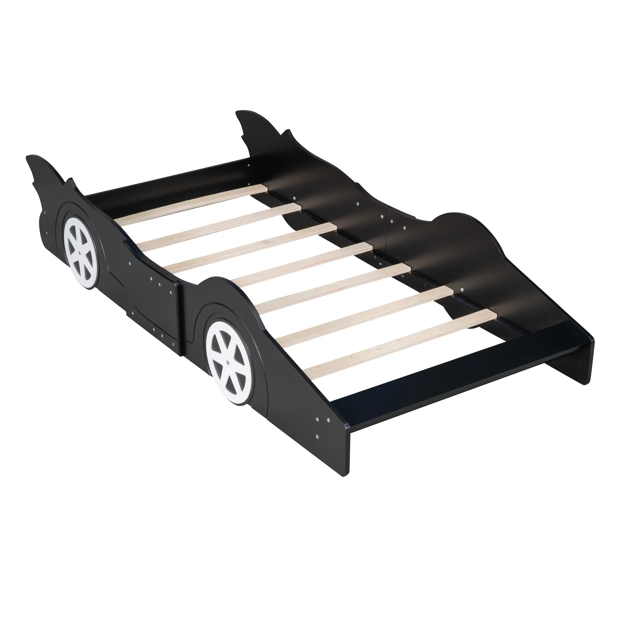HSUNNS Twin Size Kids Race Car-Shaped Platform Bed with Wheels, Wooden Funny Twin Kids Bed Frame with 2 Sides Safety Rails for Boys Girls Toddlers Kids’ Bedroom, No Box Spring Needed, Black