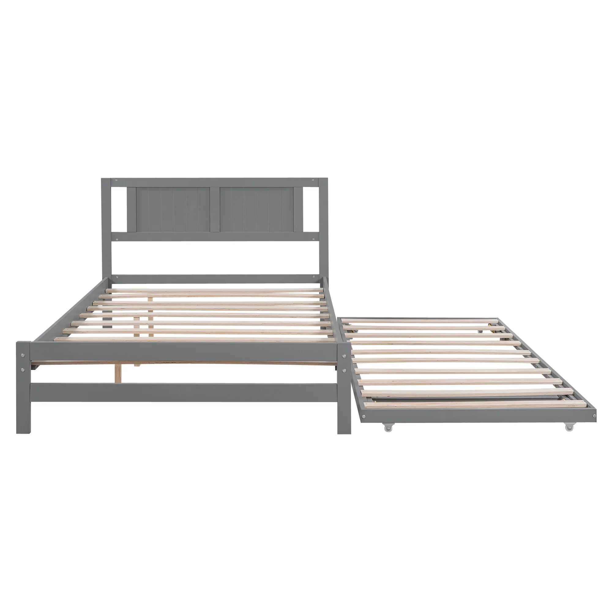 Euroco Wood Full Size Platform Bed with Trundle Frame Set, Wooden Bed Frame with Convertible Trundle Bed for Kids Teens Adulst, Gray