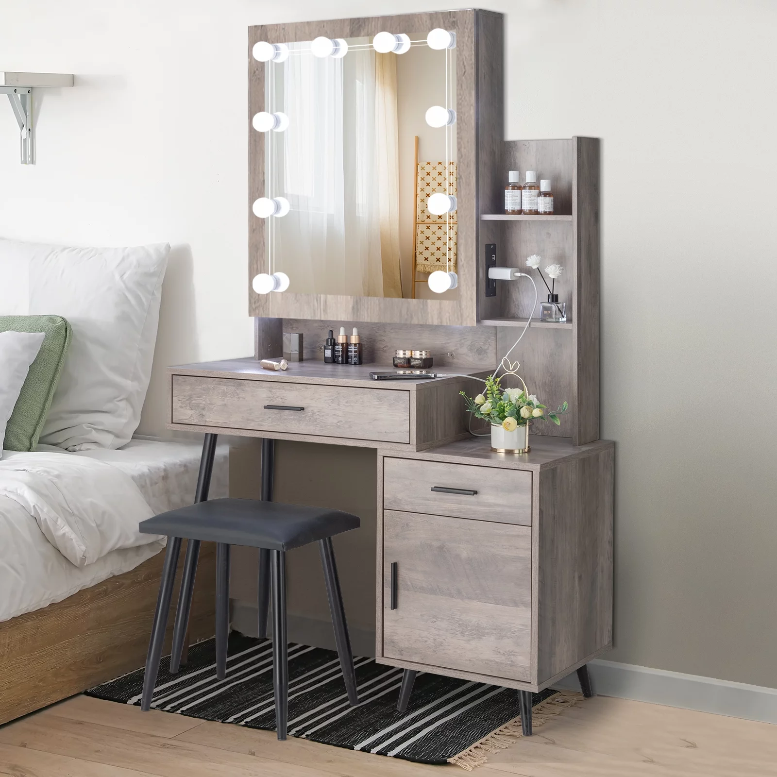 Ktaxon Lighted Vanity Table Set with USB Charging Station, Makeup Dressing Table with Sliding Mirror, Bedroom Vanities Set