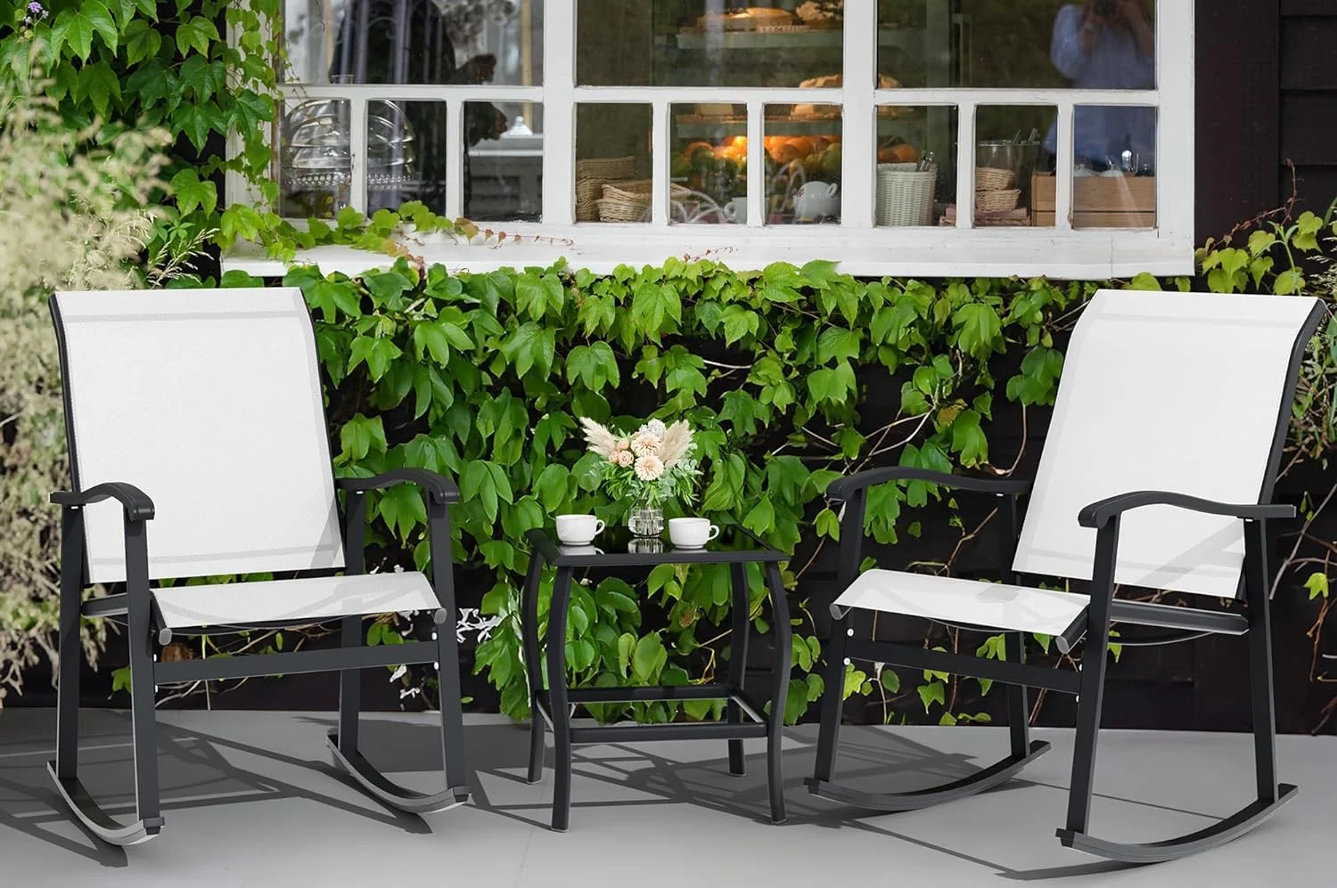 Vongrasig 3 Piece Outdoor Rocking Bistro Set, Textilene Fabric Small Patio Furniture Set, Front Porch Rocker Chairs Conversation Set with Glass Table for Lawn, Garden, Balcony, Poolside (White)