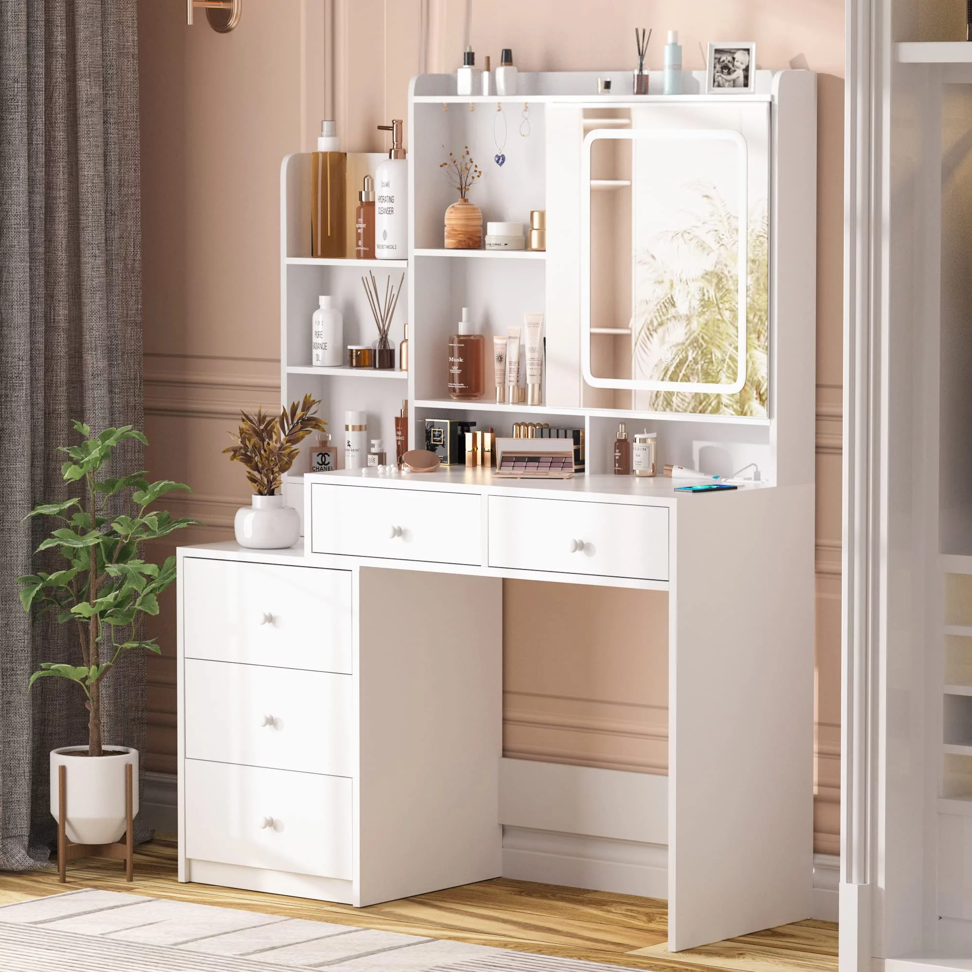 Veanerwood Vanity Table with Mirror and Lights, Modern Makeup Vanity Desk with Drawers and Power Strip, Bedroom Dressing Table, 43.3in, White