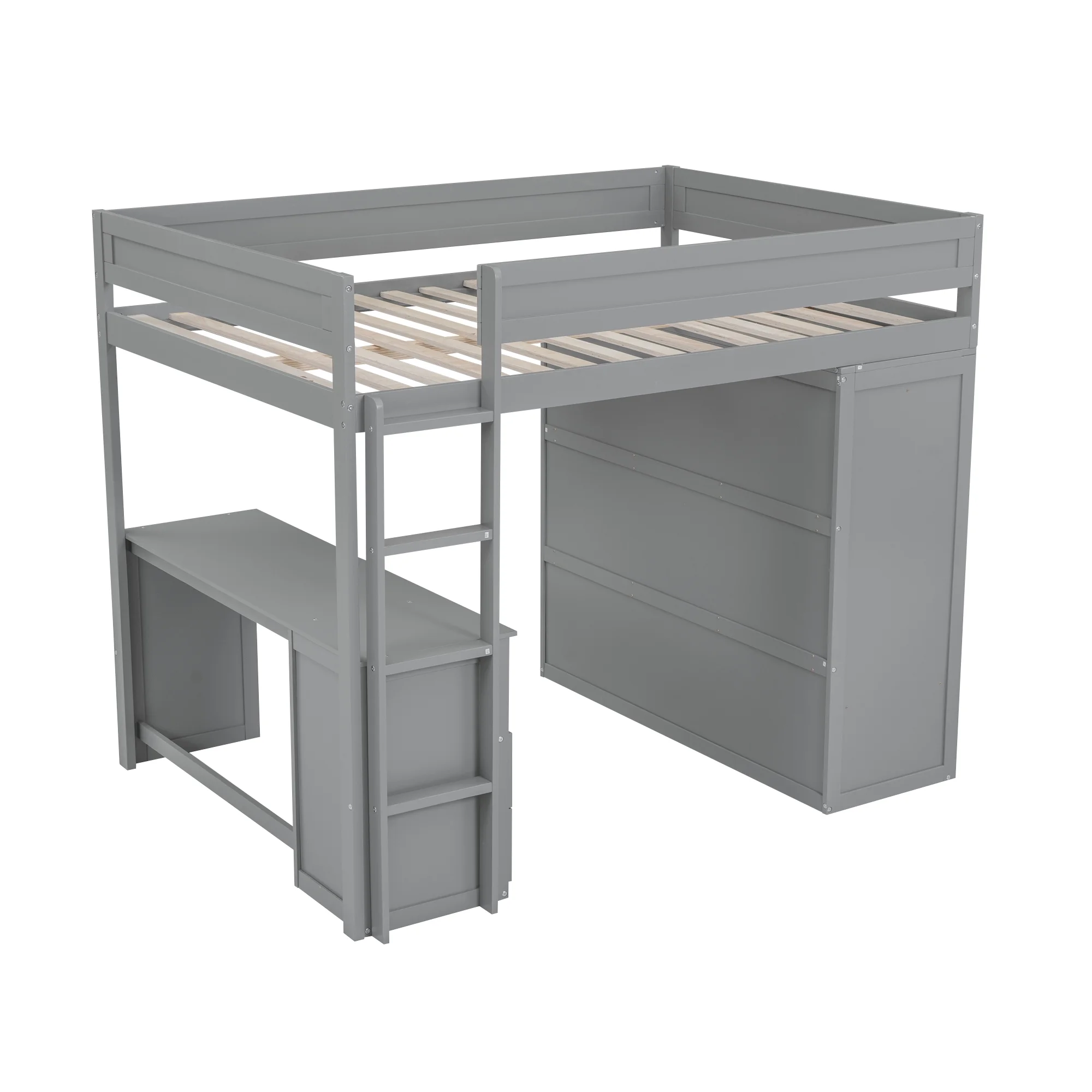EUROCO Wood Full Size Loft Bed, Storage Desk and Drawers, Wardrobe with Clothes Hanger and Sliding Door for Living Room, Gray