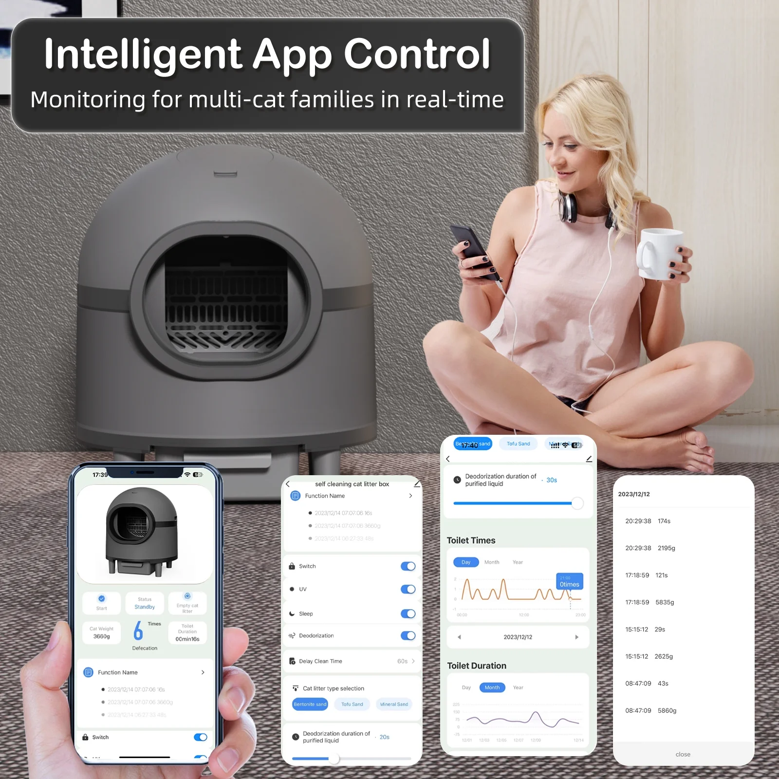 REDSASA Self Cleaning Litter Box,Automatic Cat Litter Box for Multiple Cats with Deodorizer & Mat & Liner,Anti-Pinch Safety Protection& Odor Removal,Black