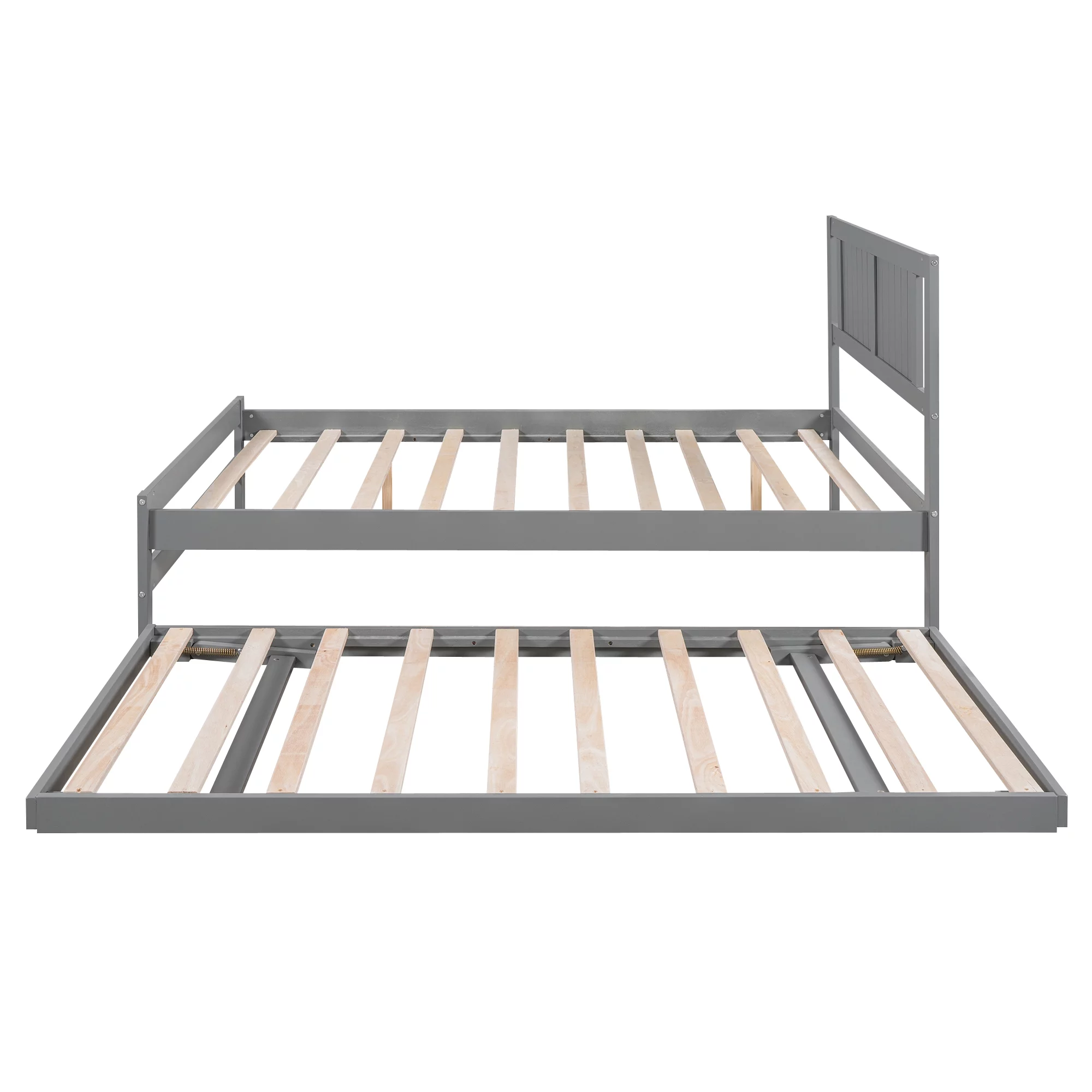 Euroco Wood Full Size Platform Bed with Trundle Frame Set, Wooden Bed Frame with Convertible Trundle Bed for Kids Teens Adulst, Gray
