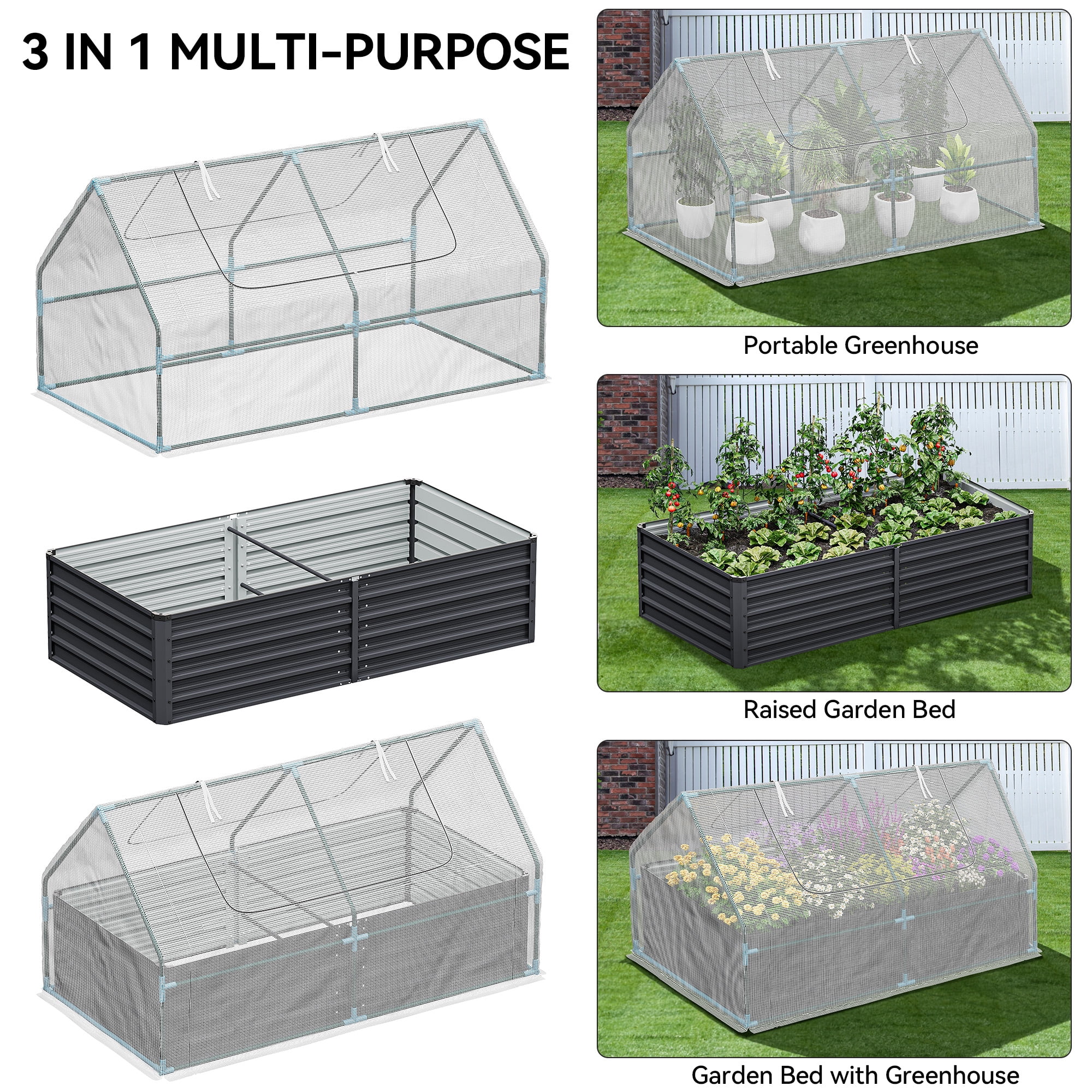Dextrus 7.5x4x4FT Raised Garden Bed with Cover Extra Large Metal Planter Box Outdoor Flower Bed with Mini Greenhouse 2 Zipper Screen Windows for Outdoor Growing Vegetable, White