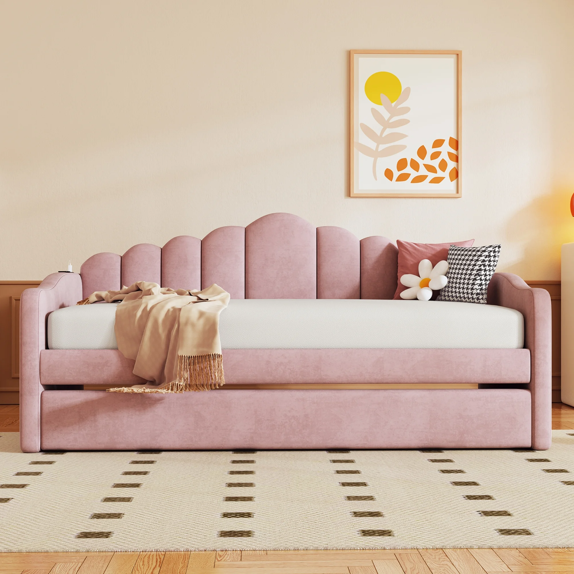 Churanty Twin size Upholstered Daybed with Trundle ,Velvet Sofabed with USB Charging Ports,No Box-spring Needed,Pink