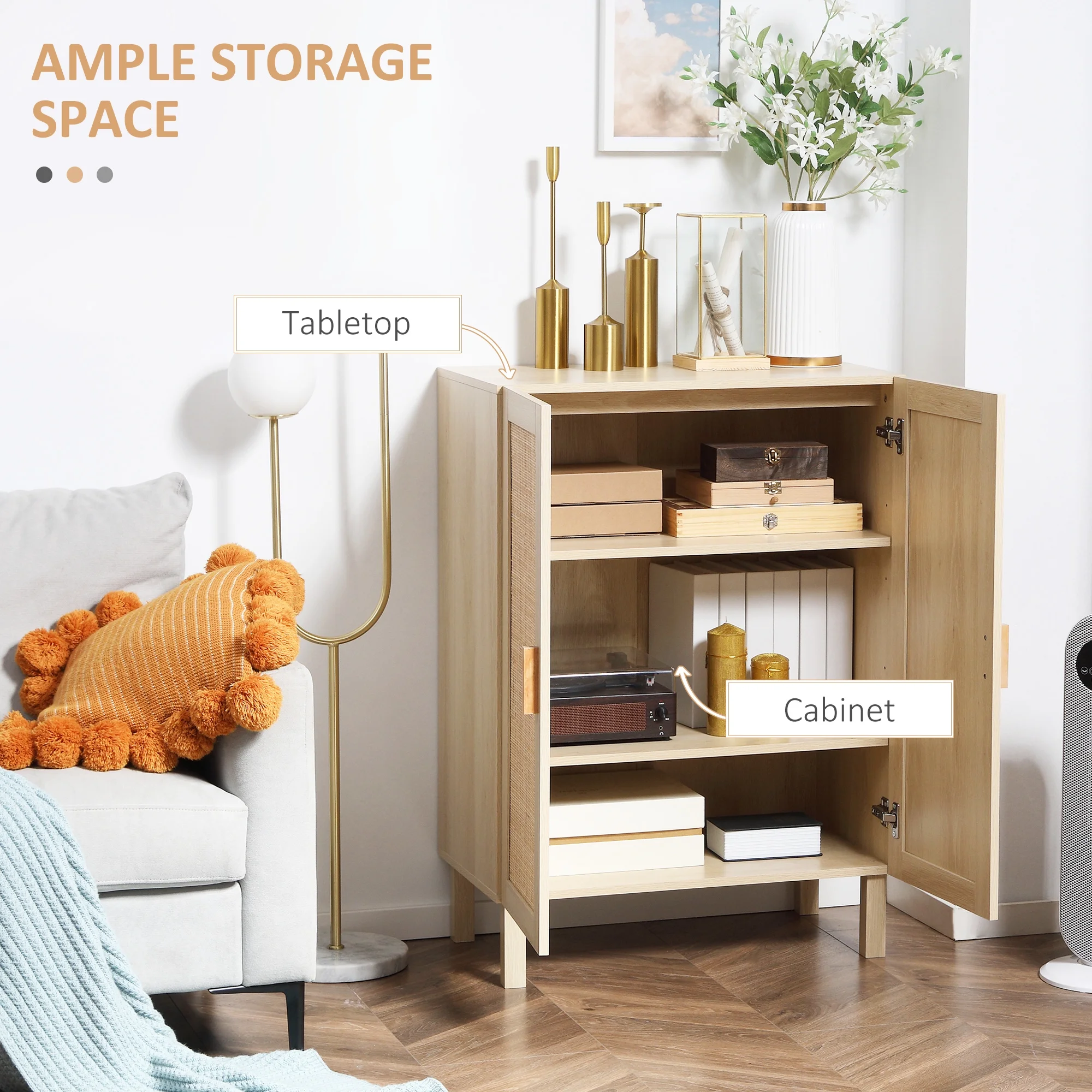 HOMCOM Kitchen Storage Cabinet with Rattan Doors and Adjustable Shelves