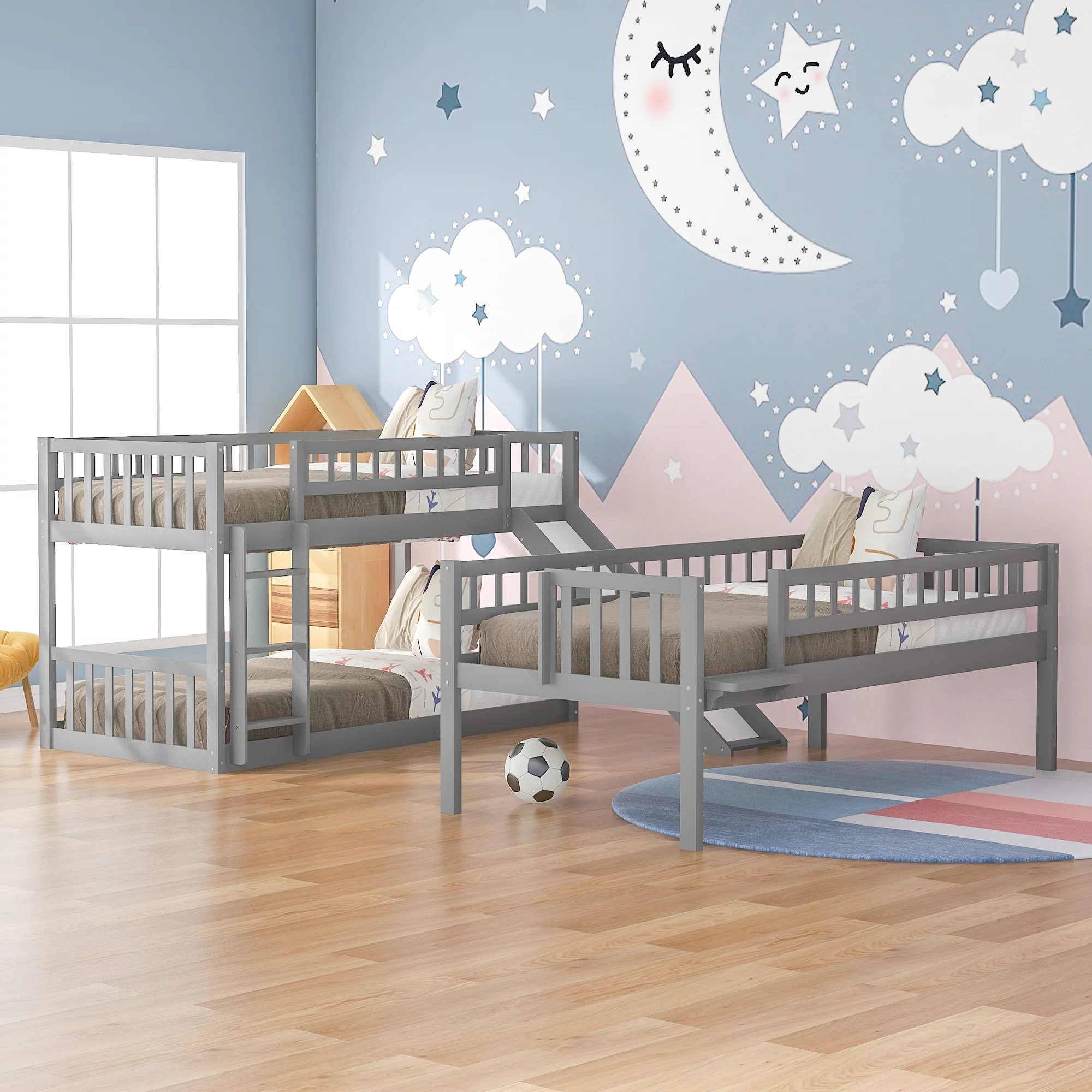 Twin-Over-Twin-Over-Twin Triple Bed with Slide, Twin Bunk Bed with Fun Slide and Ladder, Wood Loft Bed Frame for Kids & Girls & Boys