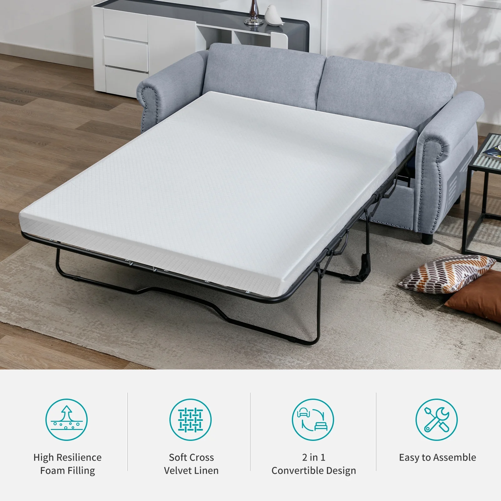 BALUS 2-in-1 Pull Out Sofa Bed, Upholstered 2 Seat Loveseat Sofa, Queen Size Convertible Couch Bed with Mattress Sleeper Sofa Couch for Living Room Apartment Office,Grey