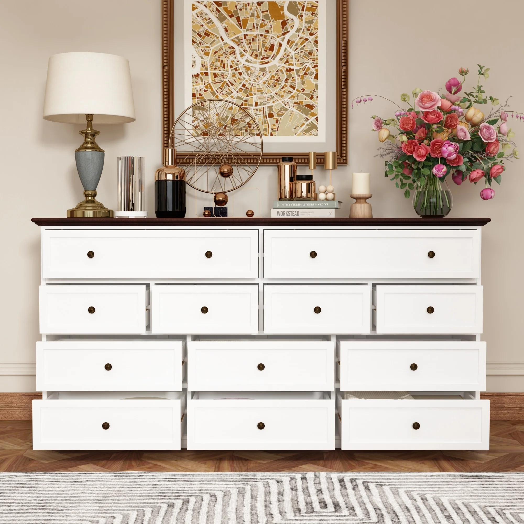 Versatile 12-Drawer Solid Wood Dresser - Brown & White Chest Of Drawer
