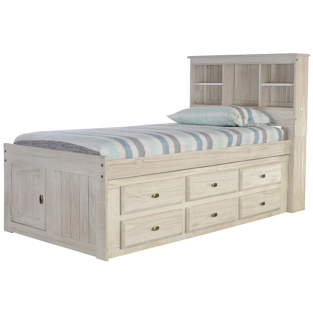 American Furniture Classics OS Home and Office Furniture Model 85220K6-22 Solid Pine Twin Captains Bookcase Bed with 6 drawers in Light Ash