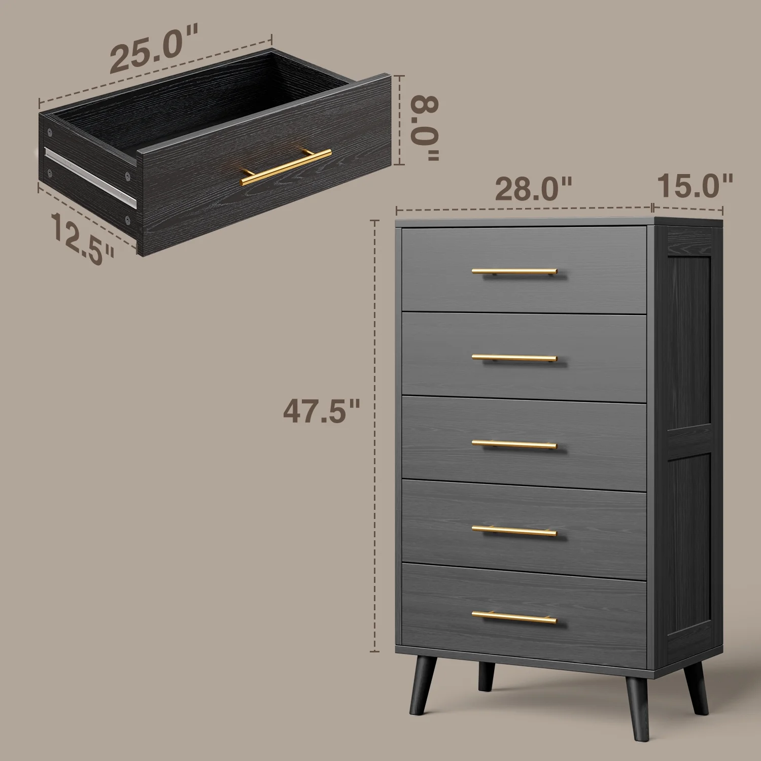 Lofka 5 Drawer Dresser, Tall Wood Dresser,Black