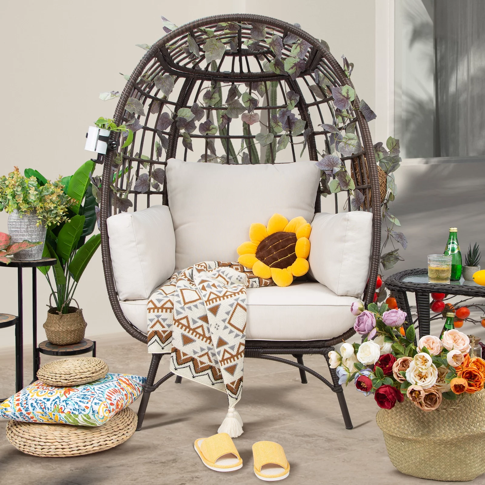 MeetLeisure Patio Brown Wicker Indoor/Outdoor Egg Lounge Chair with Beige Cushions