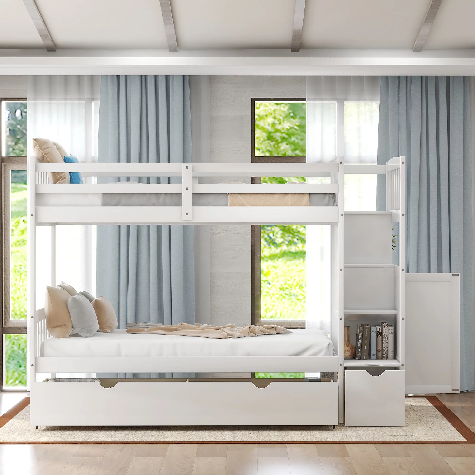 Euroco Twin over Twin Bunk Bed with Drawer and Cabinet for Kids Bedroom, White