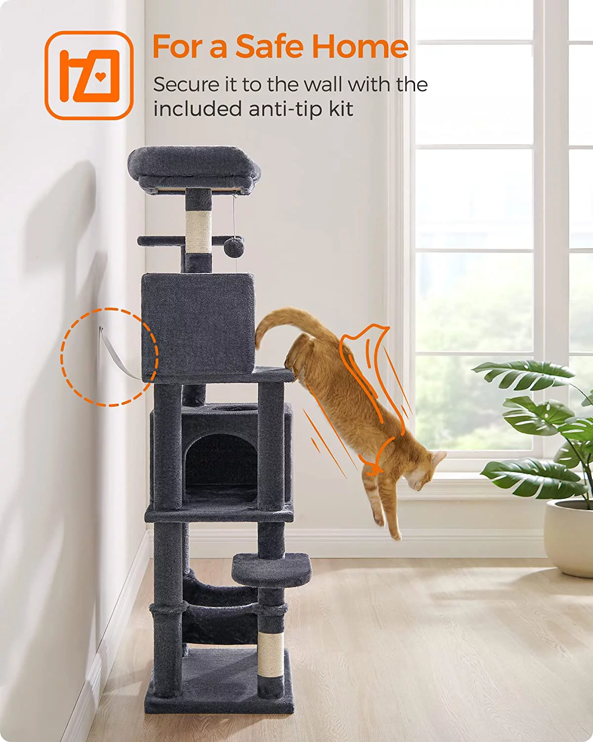 Feandrea Cat Tree, 61-Inch Cat Tower for Indoor Cats, Plush Multi-Level Cat Condo with 5 Scratching Posts, 2 Perches, 2 Caves, Hammock, 2 Pompoms, Light Gray UPCT192W01